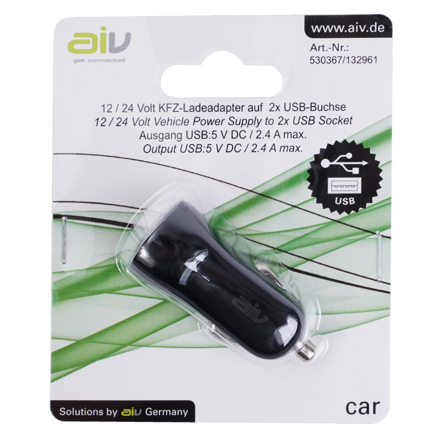 Ein schwarzer Autoladeadapter in einer Verpackung mit Text auf weißer Oberfläche.