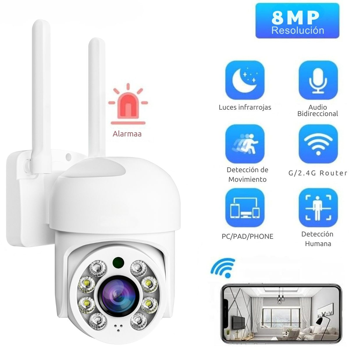 Telecamera di sicurezza bianca con due antenne e icone delle funzioni e smartphone con scena.