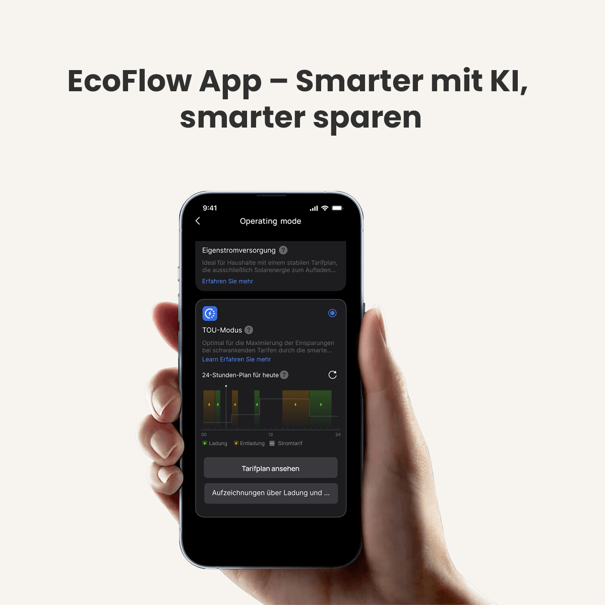 Une main tenant un téléphone avec une interface d'application sur l'énergie intelligente.