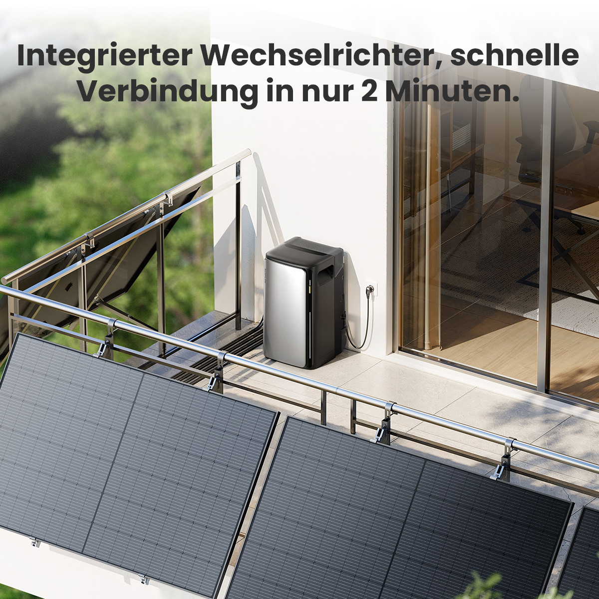 Une unité d'énergie solaire noire et argentée sur un balcon avec des panneaux solaires.