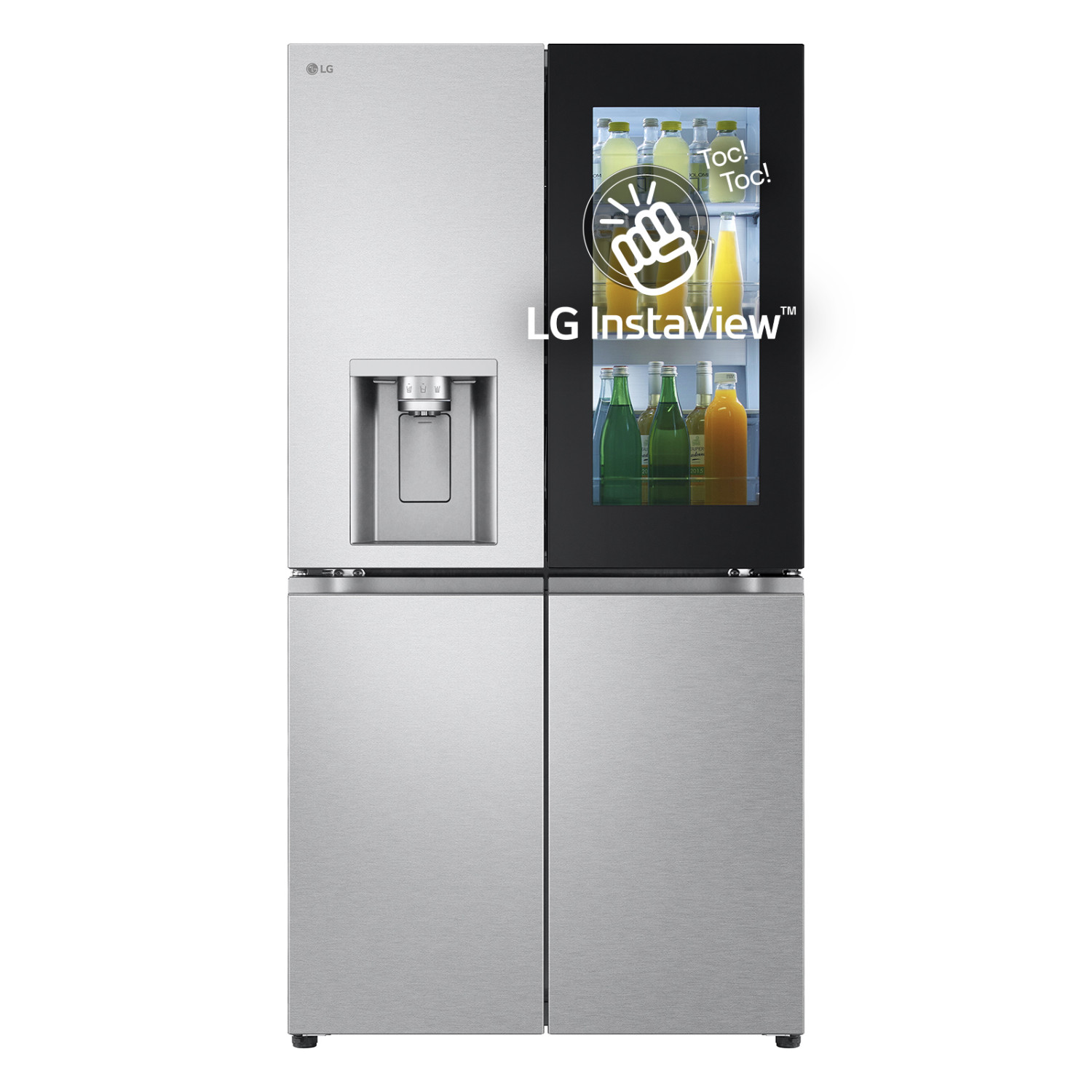 Edelstahl LG Kühlschrank mit InstaView-Tür. Er hat einen Wasserspender.
