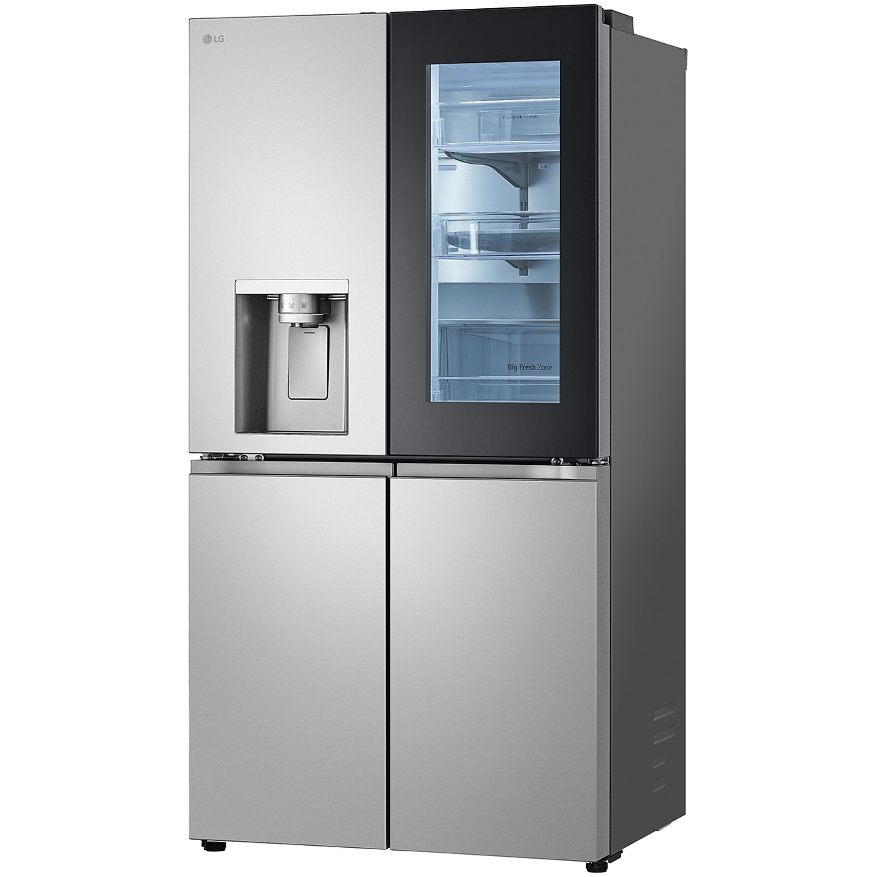 Ein Edelstahlkühlschrank mit Glastür und Wasserspender.