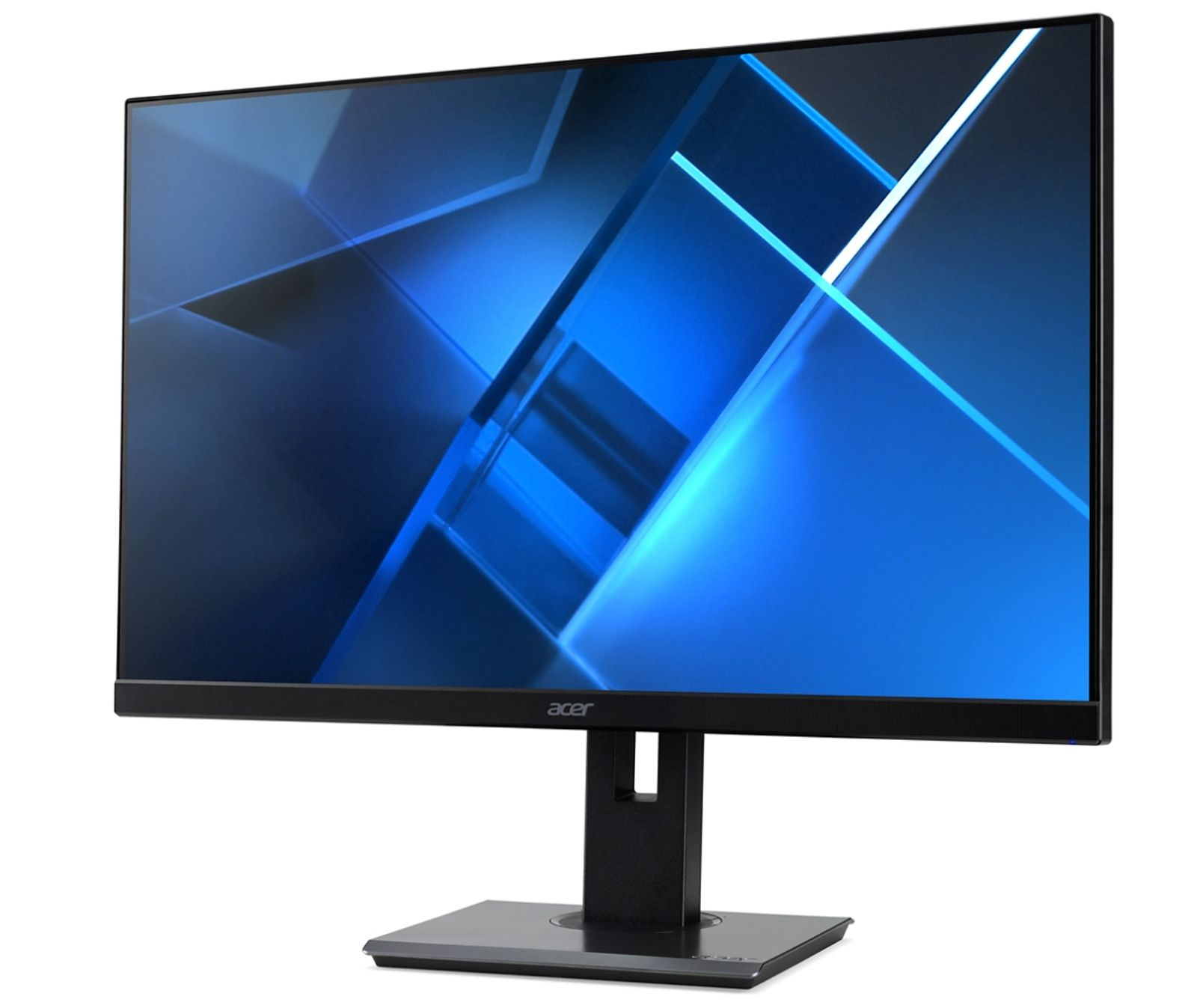 Monitor Acer z niebiesko-białym geometrycznym wzorem, z czarną podstawą i podstawą.
