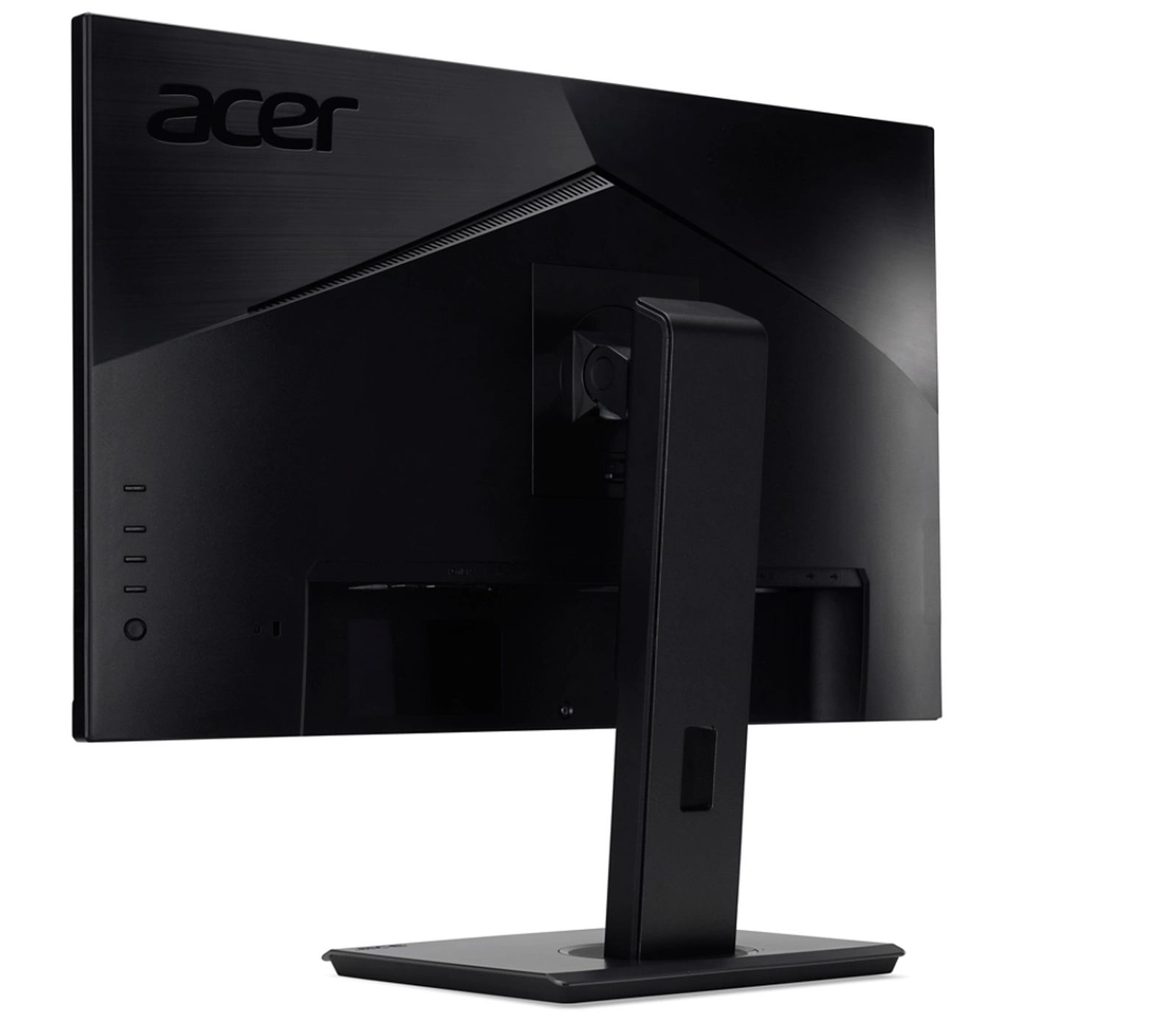 Czarny monitor Acer, widok z tyłu. Widoczny stojak i porty. Logo Acer na górze.