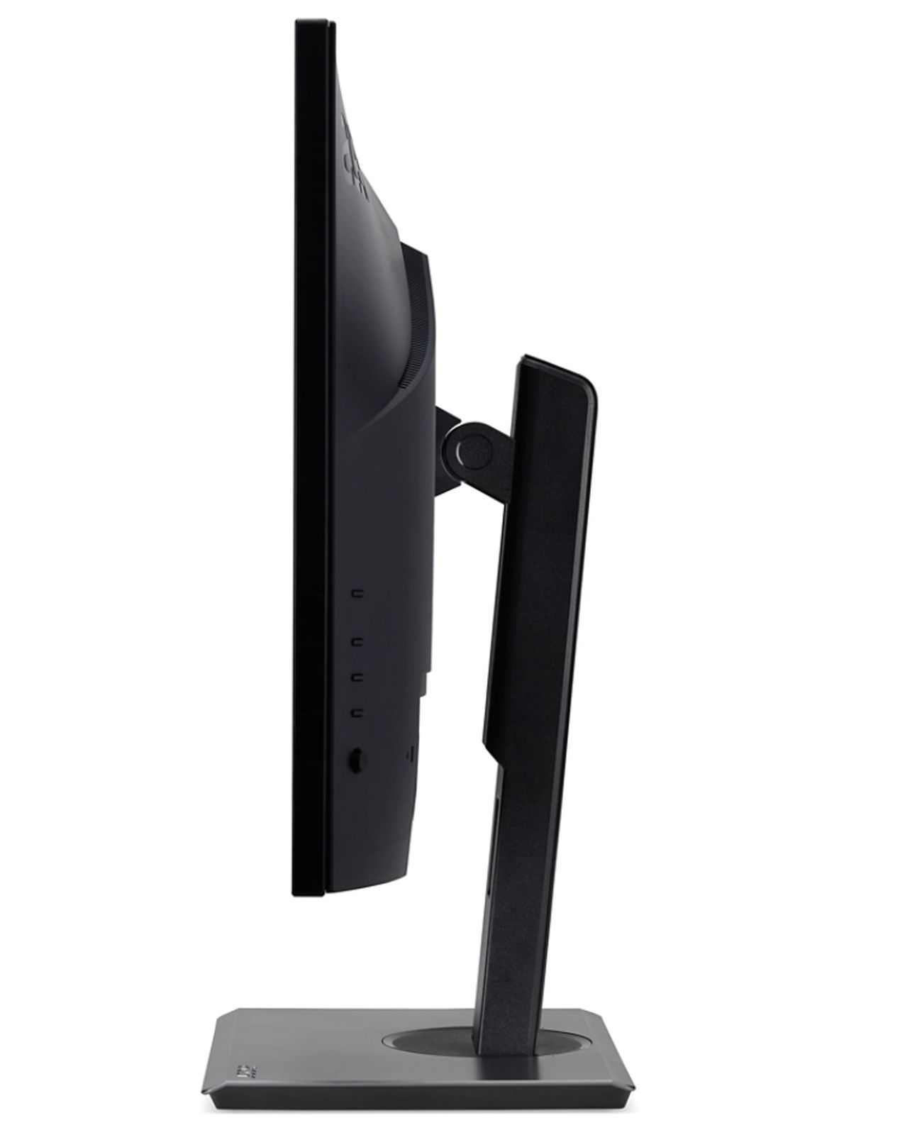 Czarny monitor komputera widok z boku, na podstawie. Ekran wyłączony.