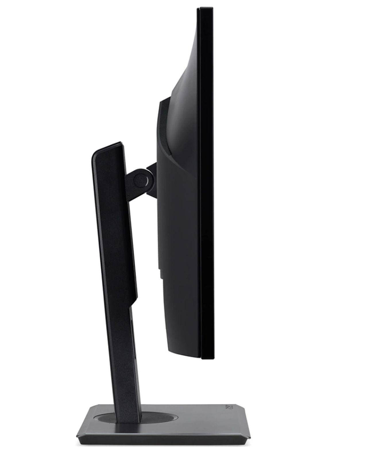 Czarny monitor komputera, widok z boku. Stoi na czarnym stojaku. Białe tło.