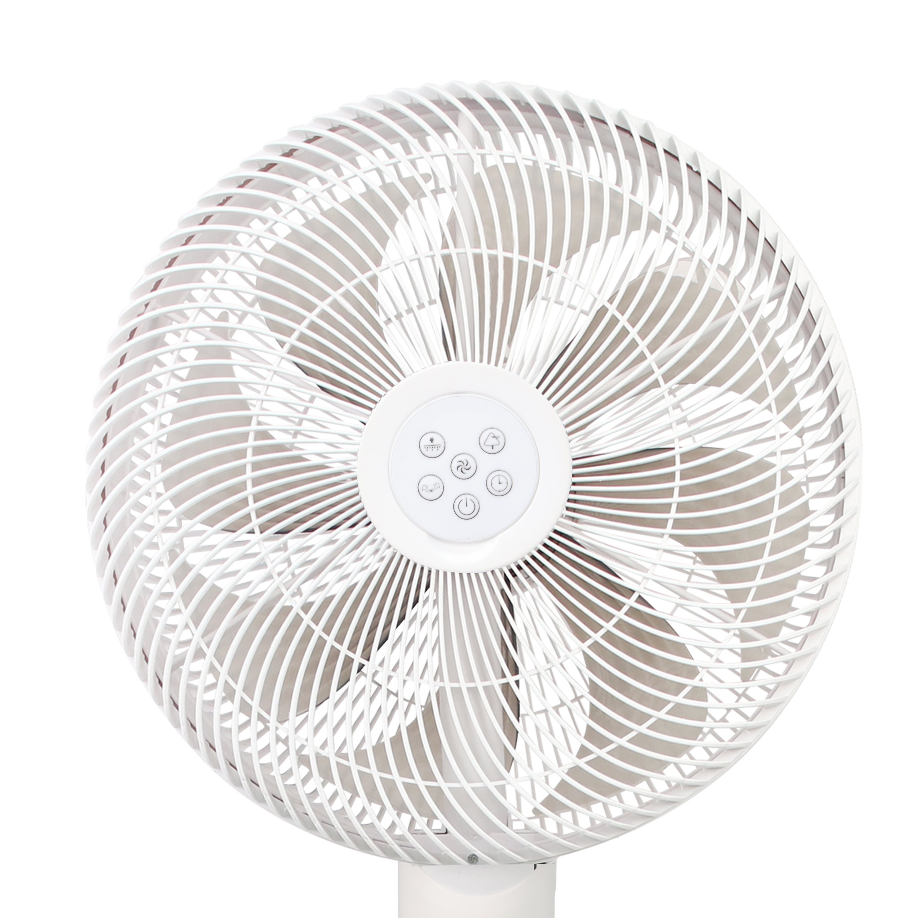 Draufsicht auf einen weißen Ventilator. Der Ventilator hat Flügel und ein Bedienfeld in der Mitte.