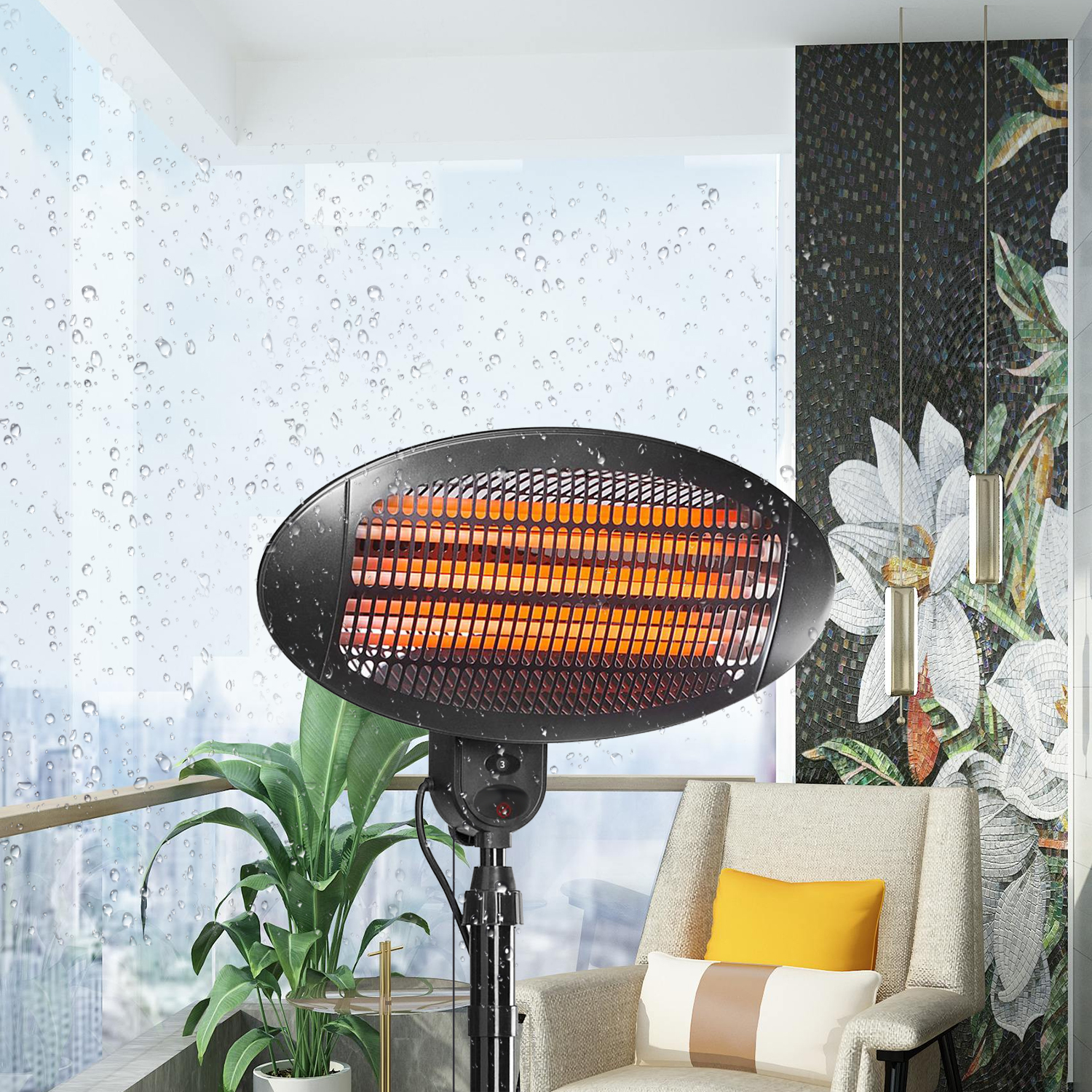 Schwarzer Heizstrahler auf einem Balkon mit Regen und einer floralen Wand. Stuhl und Pflanze sichtbar.