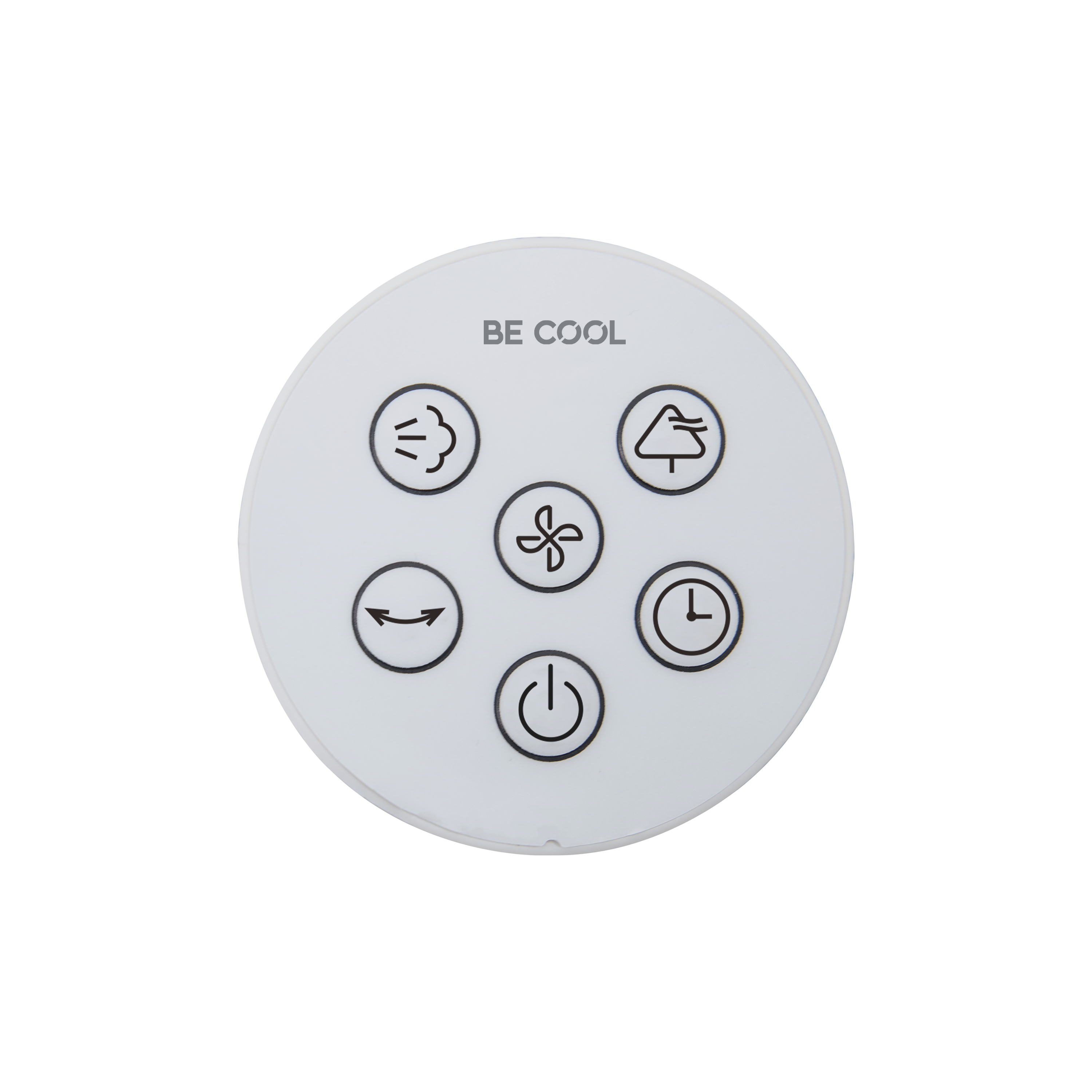Ein weißes kreisförmiges Bedienfeld mit fünf Symbolen: Luft, Ventilator, gebogene Pfeile, Strom und eine Uhr.
