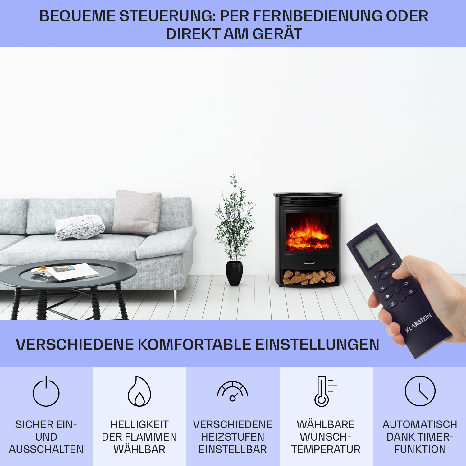 Ein Wohnzimmer mit Kamin, Fernbedienung und Sofa, das verschiedene Funktionen zeigt.