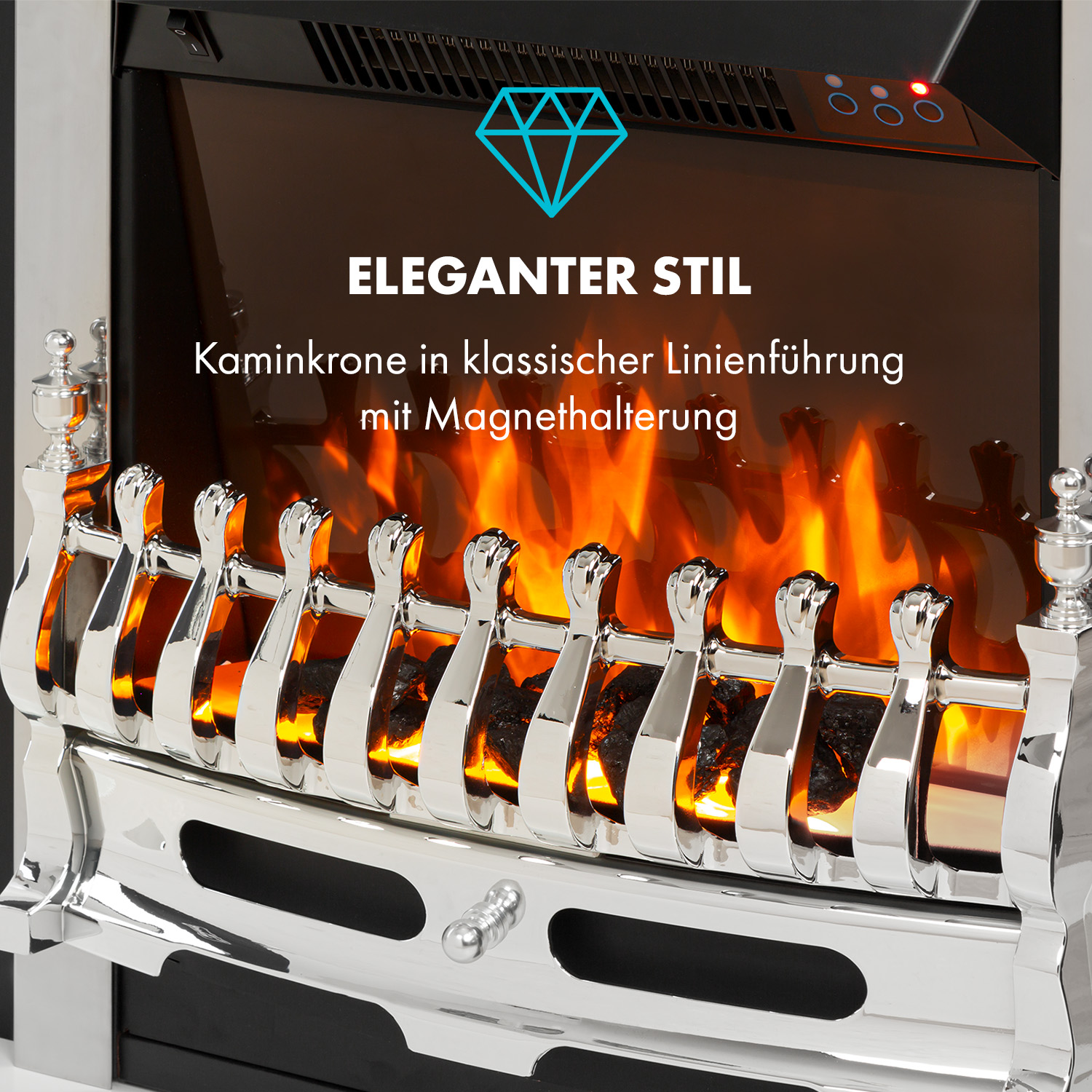 Chrom-Kamin mit brennenden Flammen. Diamant-Logo im Hintergrund.