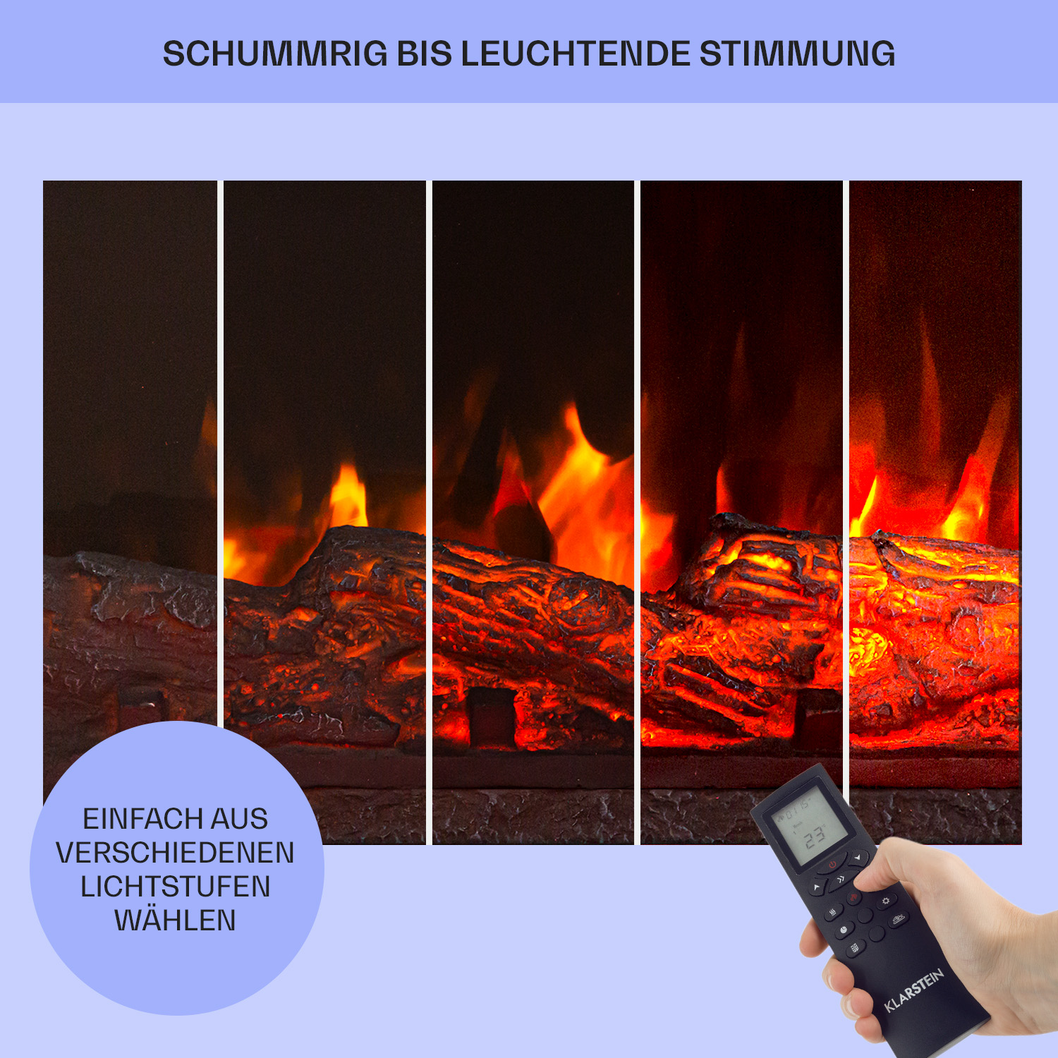 Bilder eines Kamins mit verschiedenen Lichtstufen.