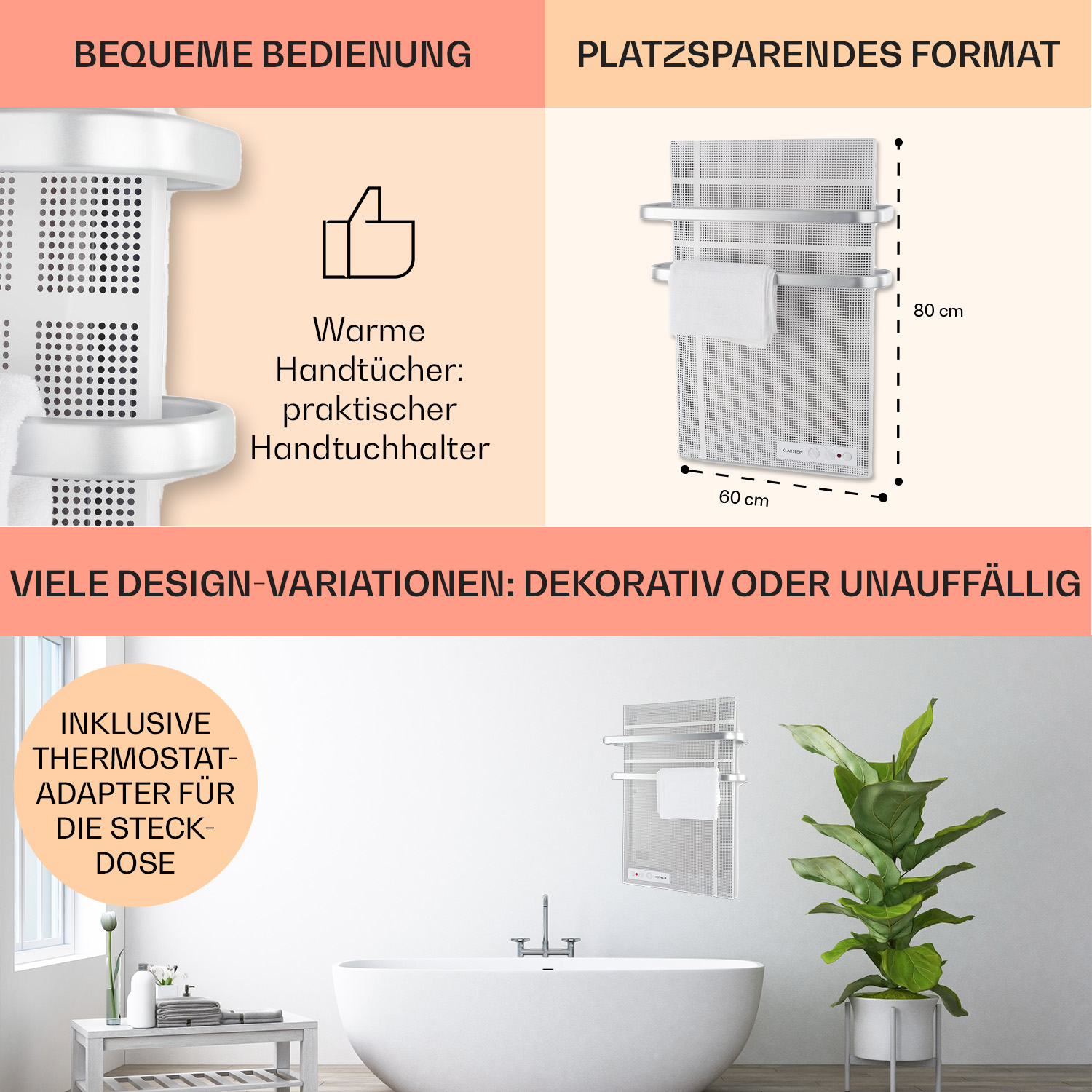 Badezimmer-Setup mit Text und einem Handtuchwärmer, Pflanze und Dekorationen. Weißer Hintergrund.