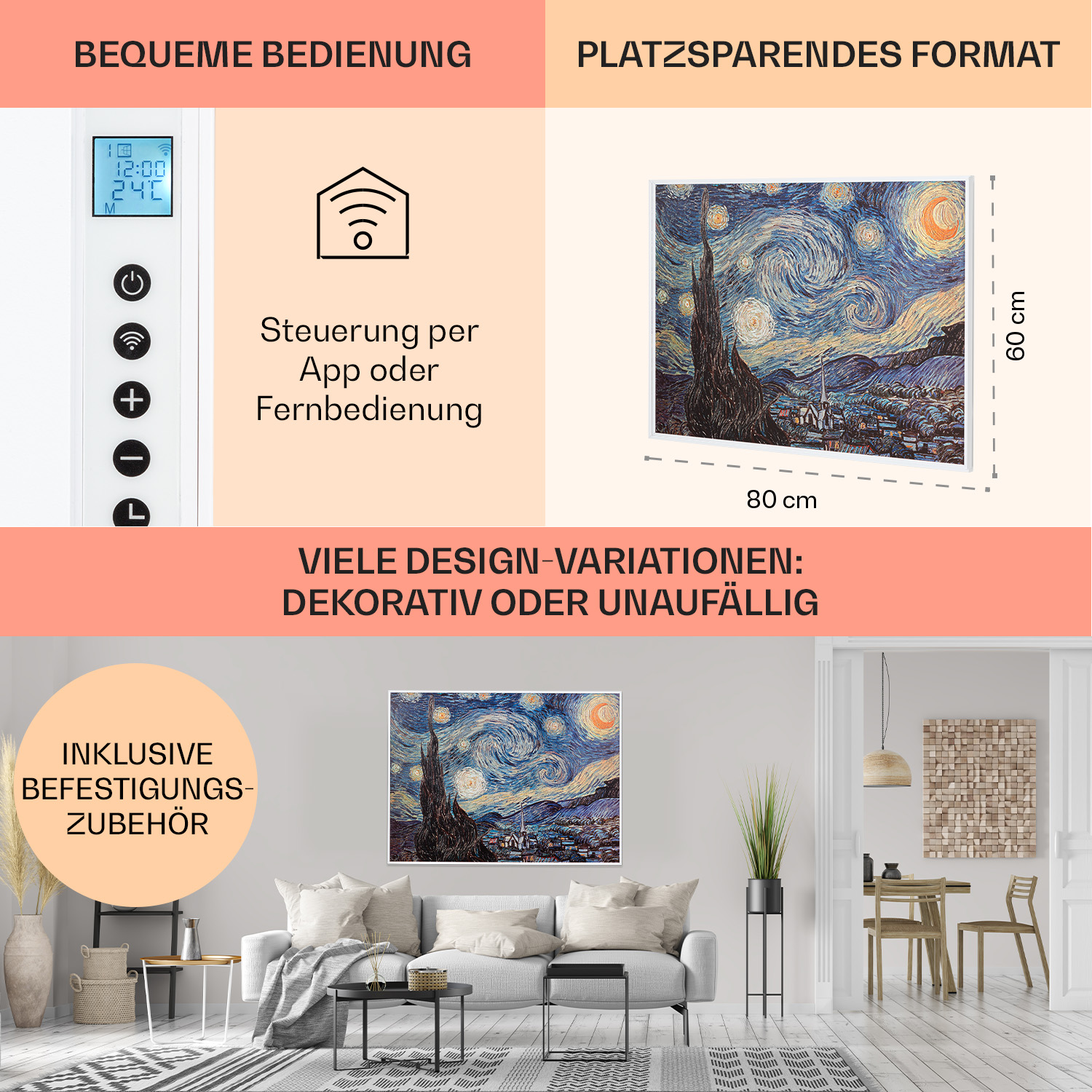 Wandheizung mit Gemälde, Fernbedienung und App-Steuerung.