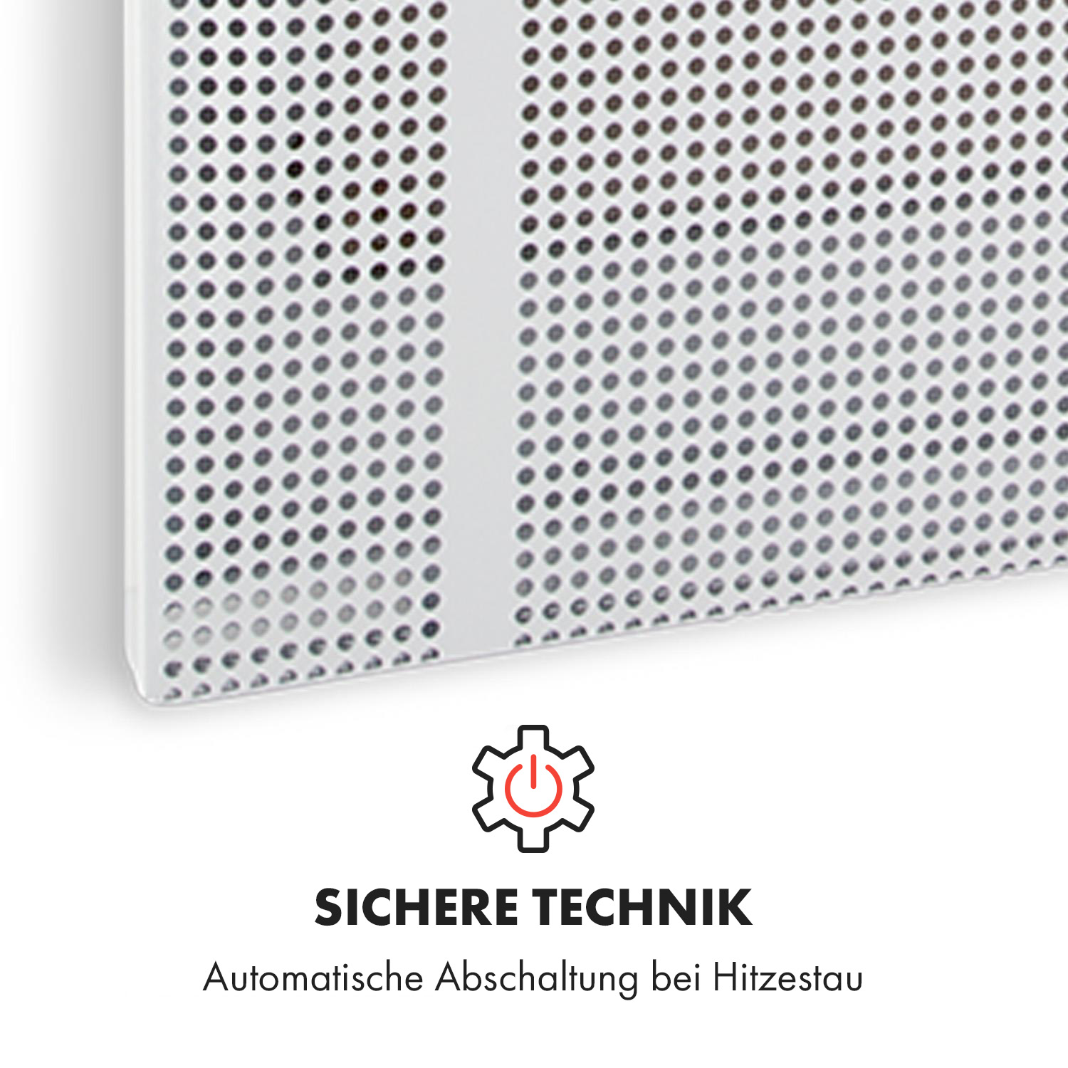Nahaufnahme einer perforierten weißen Platte. Text unten: 'Sichere Technik'.