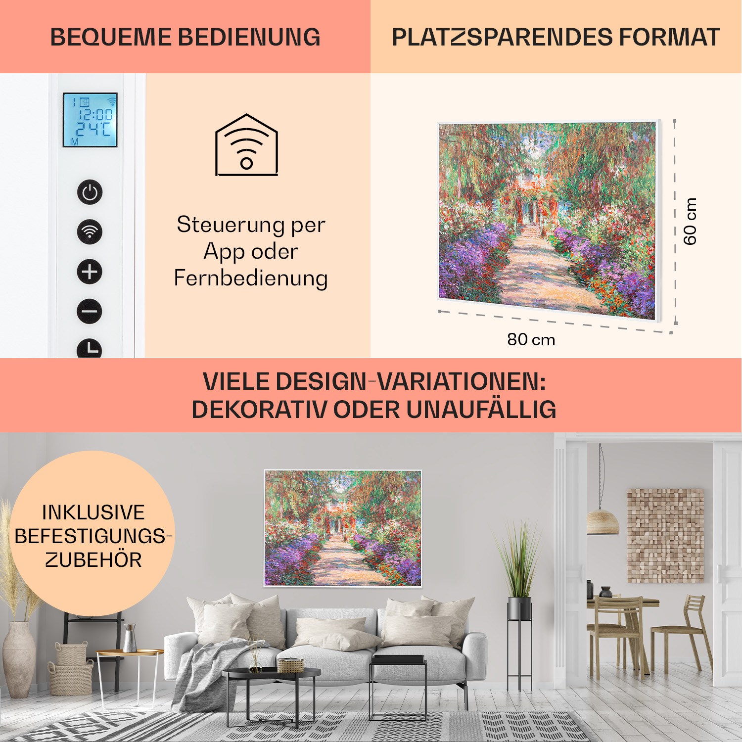 Modernes Interieur mit Gemälde und Text über komfortable Bedienung und Features.