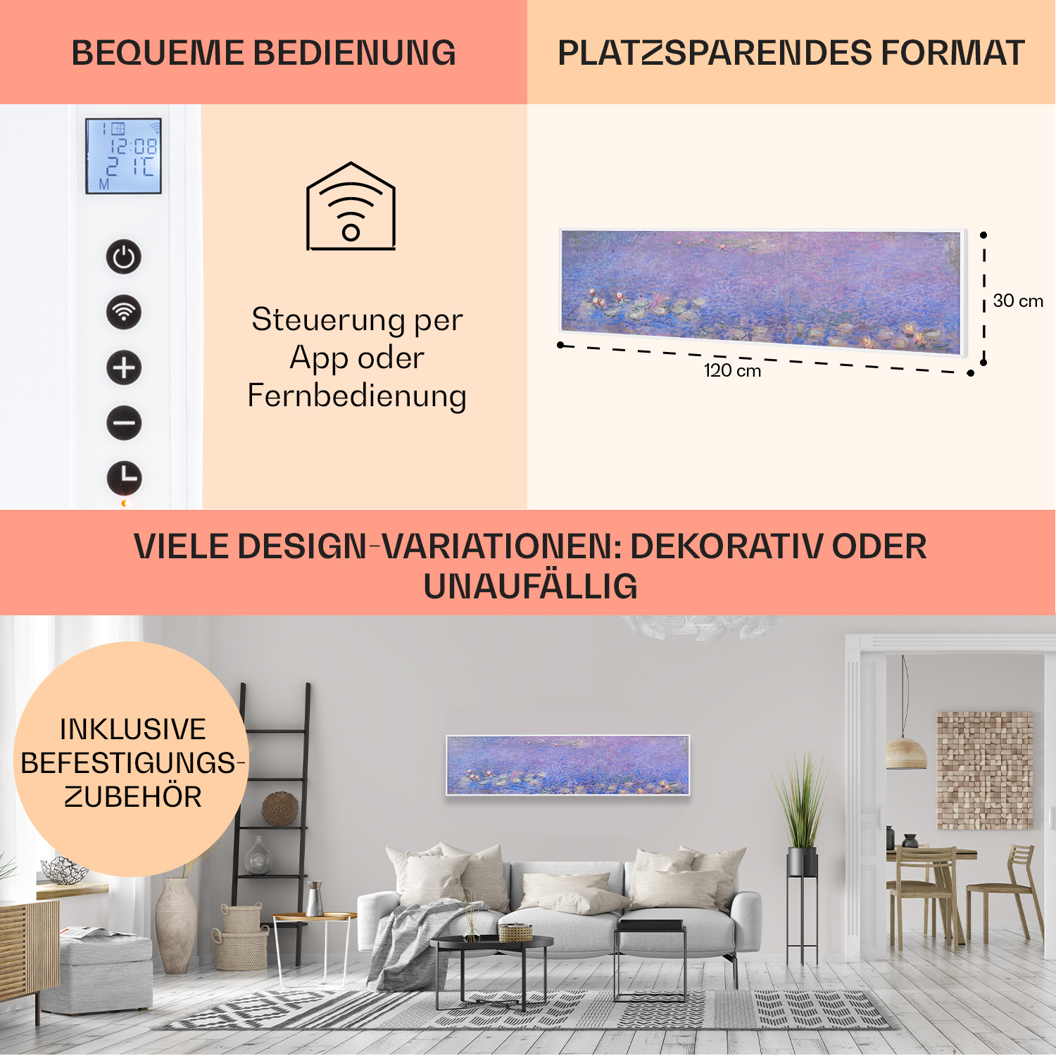 Eine Innenszene mit Text über ein Smart-Gerät, ein Gemälde und eine Couch. Das Gemälde ist im Hintergrund.