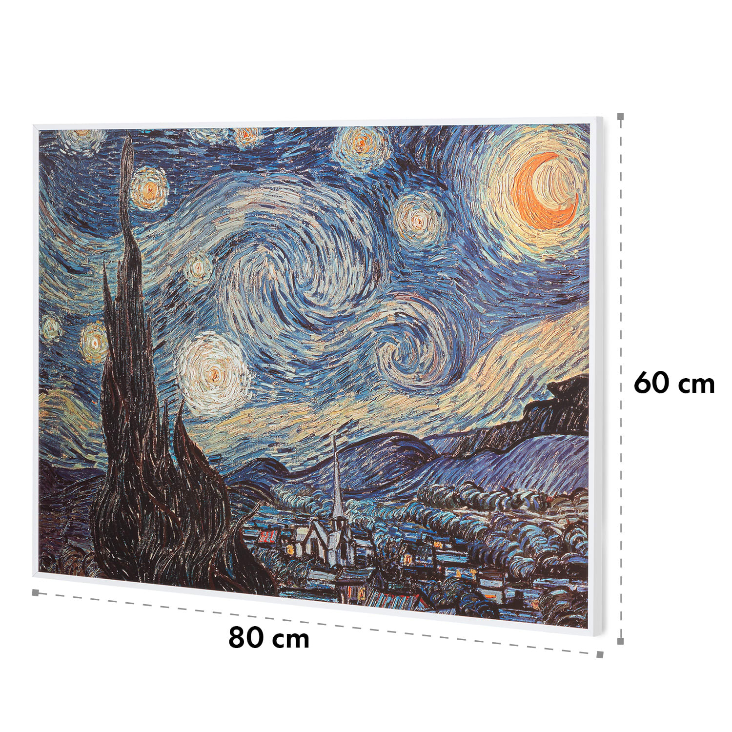 Ein großes Gemälde von Sternennacht von Van Gogh, mit Abmessungen. Das Gemälde zeigt eine Nachtszene.