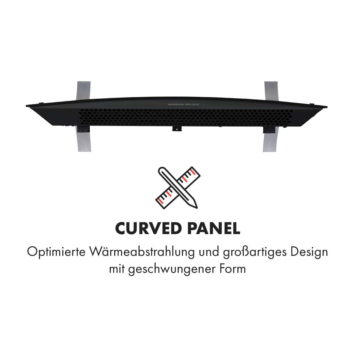Calentador de panel curvo negro con soportes plateados y texto: CURVED PANEL, sobre fondo blanco.