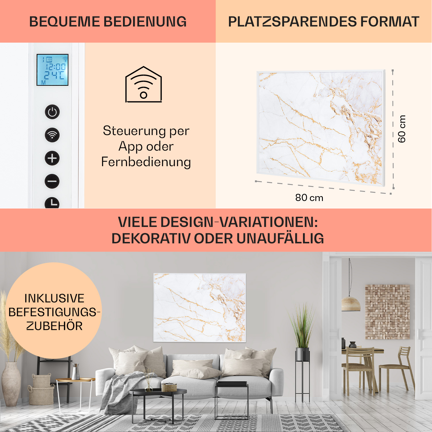 Ein Wohnzimmer mit Wandheizung und Sofa. Text sagt 'Bequeme Bedienung' und 'Platzsparend'.