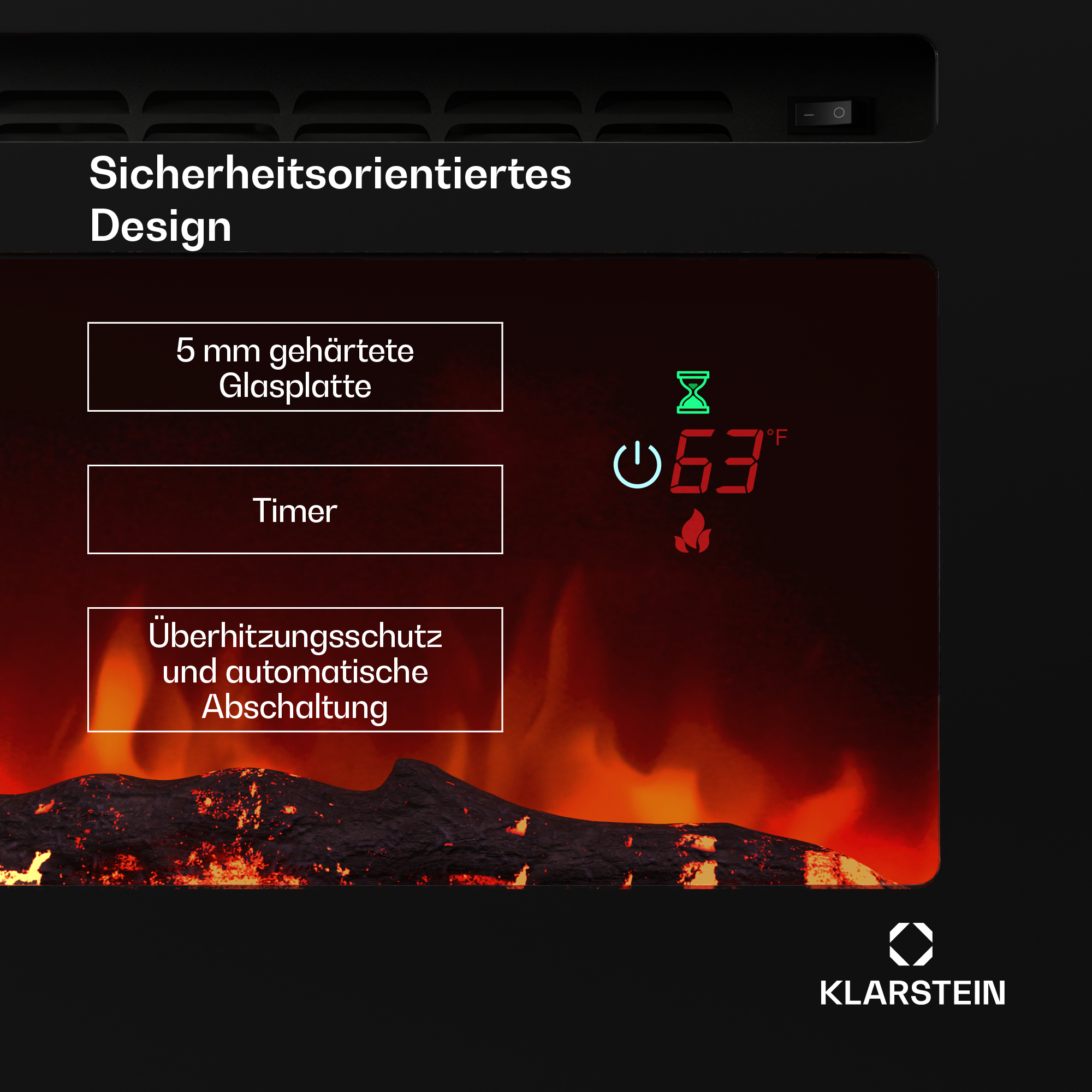 Una pantalla de chimenea negra que muestra números y símbolos con texto.