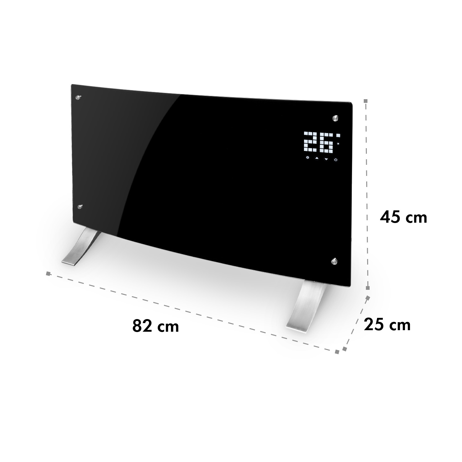 Calentador de panel negro curvo con pantalla digital, soportado por patas plateadas.
