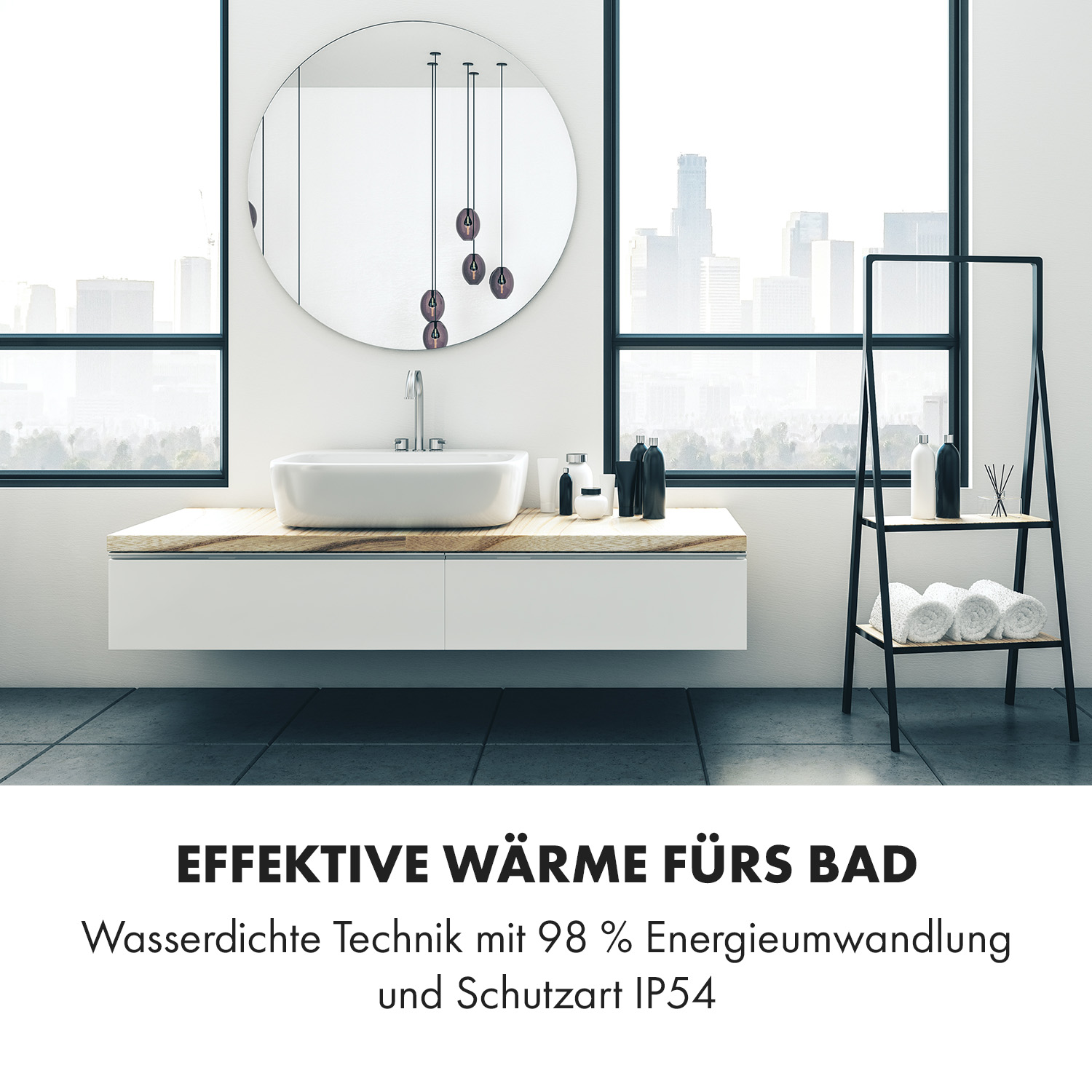 Ein modernes Badezimmer mit weißem Waschbecken, Spiegel und einem Fenster mit Blick auf die Stadt.
