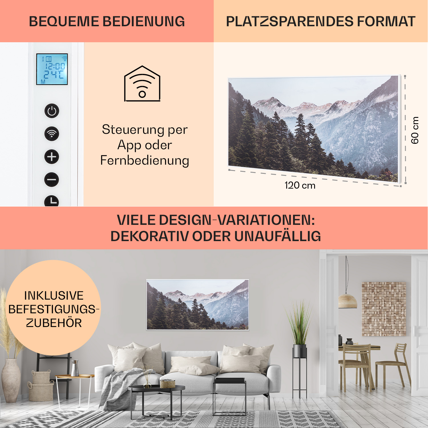 Un pannello riscaldante decorativo in una stanza. Testo: controllo tramite app o telecomando.