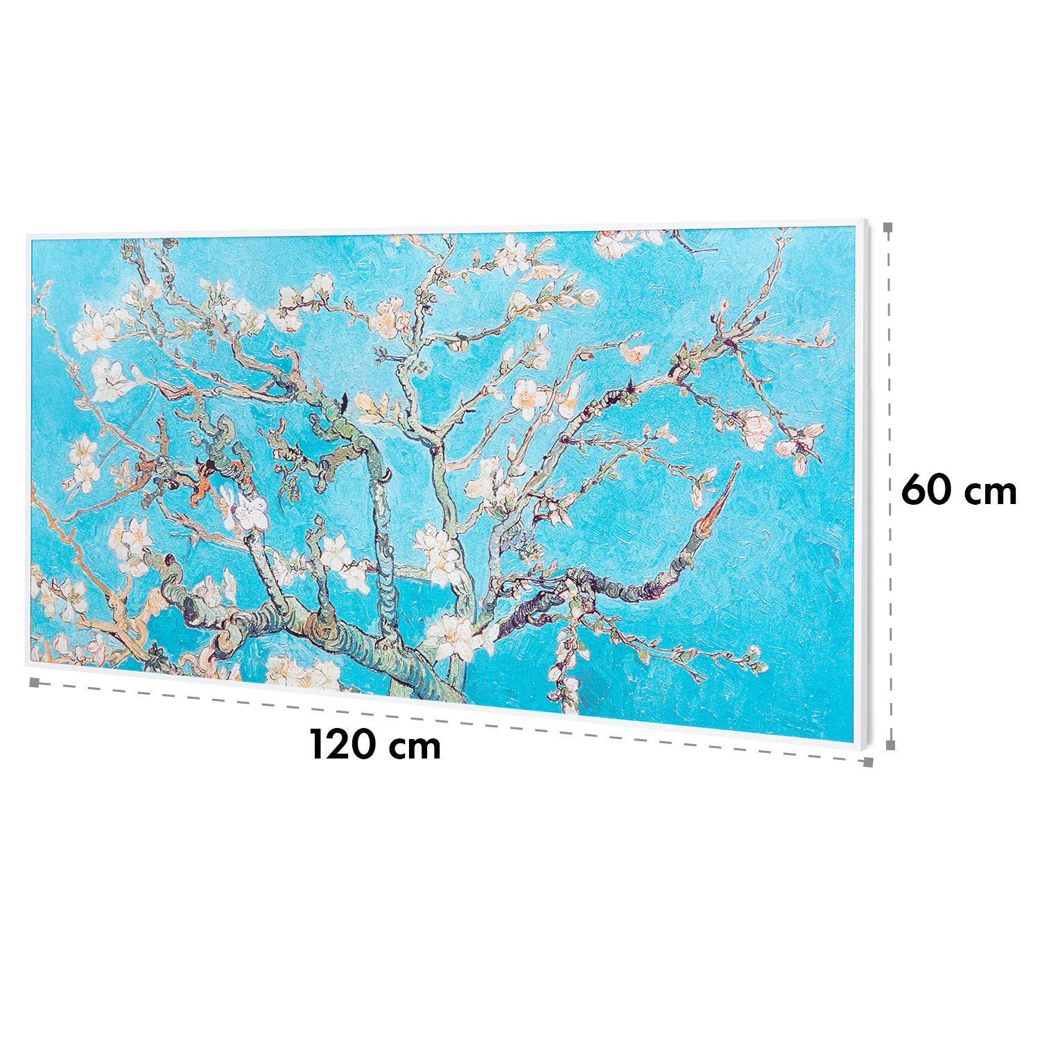 Kunstwerk mit weißen Kirschblüten auf blauem Grund. Maße: 120 cm x 60 cm, weiß gerahmt.