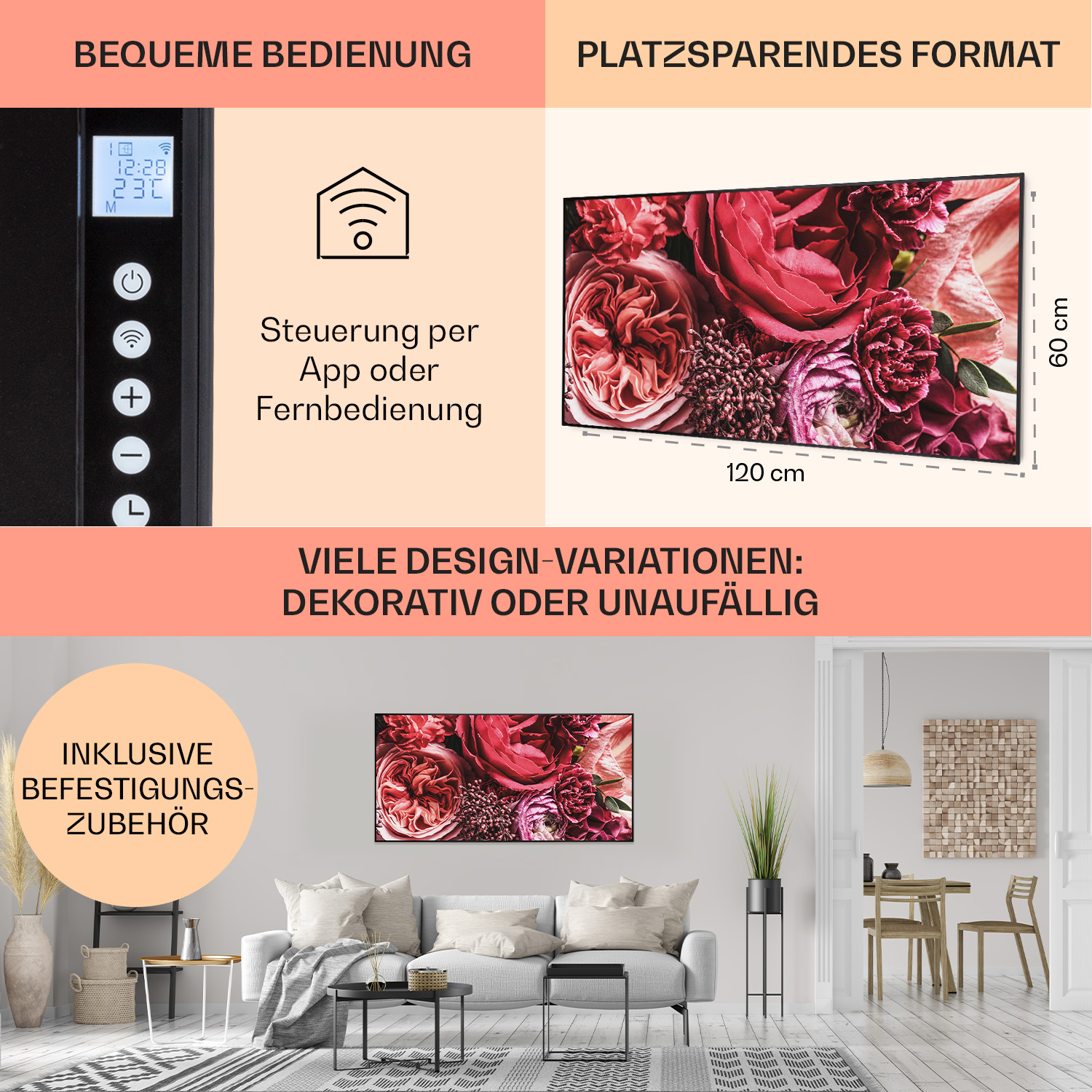 Termosifone elettrico con display di arte floreale, pannello di controllo e controllo app.