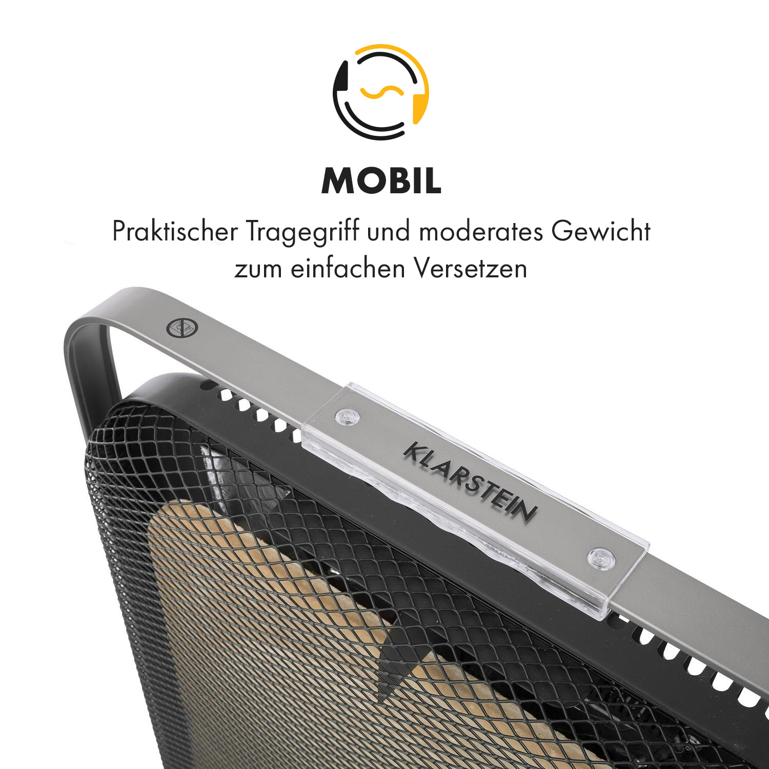 Nahaufnahme eines tragbaren Ventilators mit Text auf der Seite. Es ist ein grauer Ventilator mit schwarzem Netz.