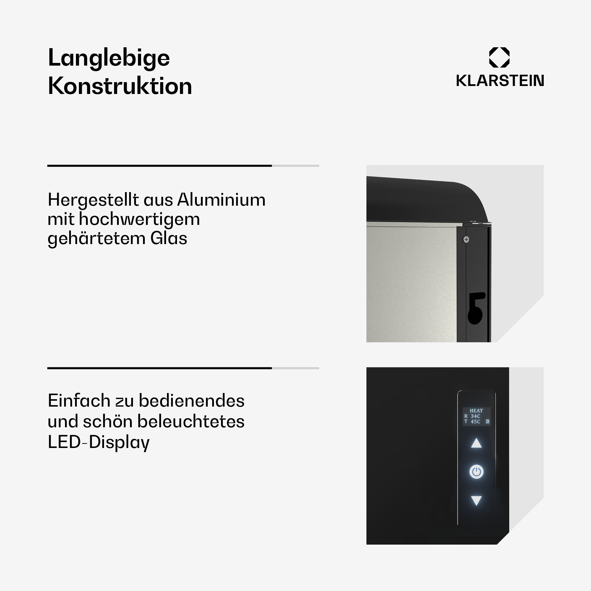 Nahaufnahme eines schwarzen Geräts mit Text über seine Konstruktion und LED-Anzeige. Kleine Details sind sichtbar.