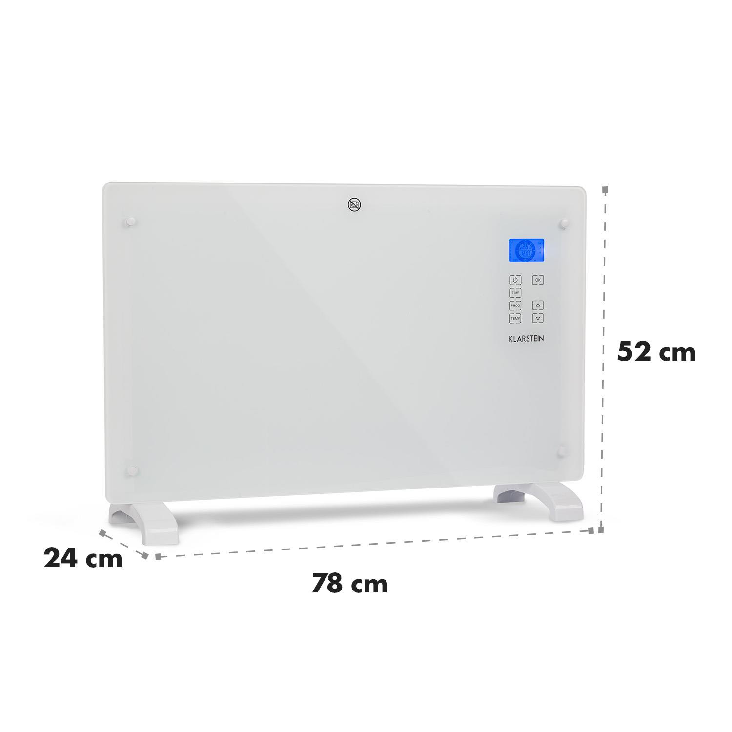 Un calefactor eléctrico blanco con una pantalla azul, sobre fondo blanco.