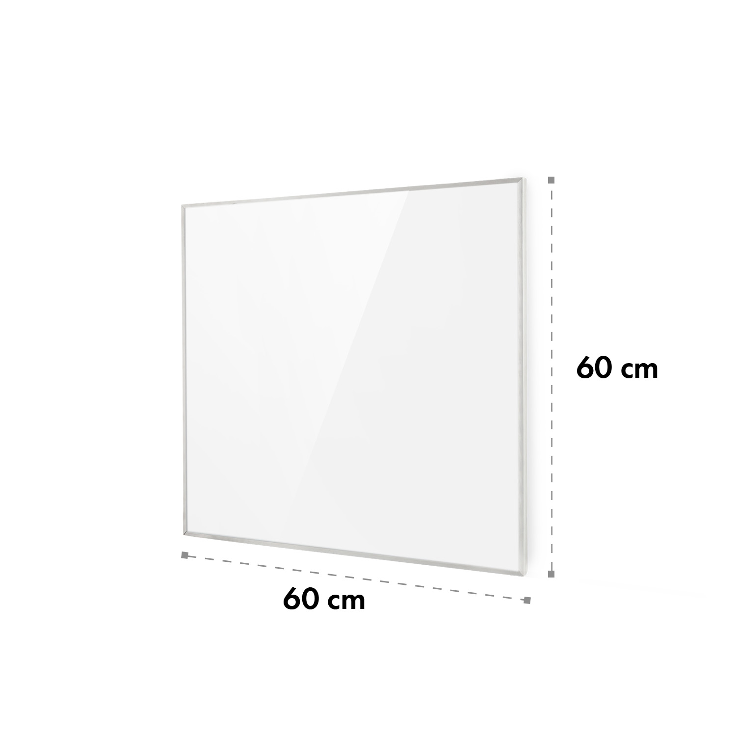 Calentador cuadrado blanco con dimensiones y marco plateado.