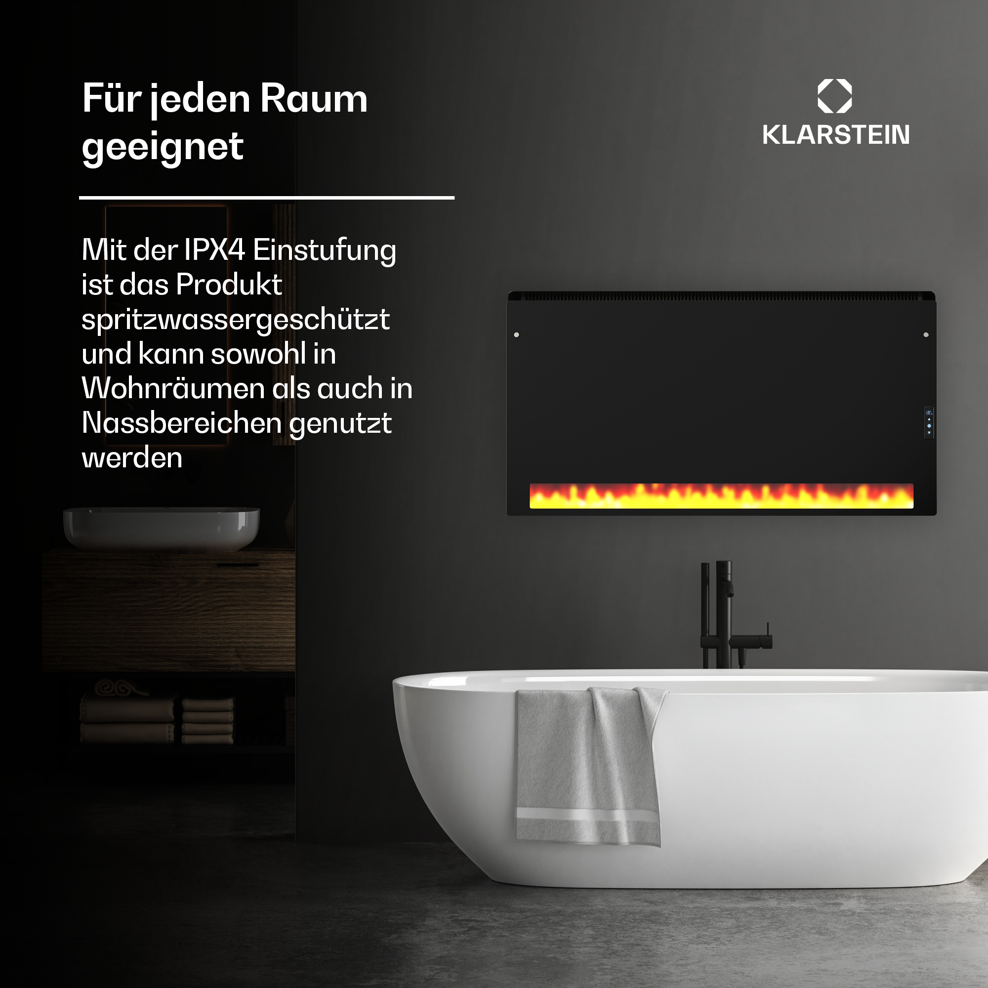 Ein schwarzer, an der Wand montierter Kamin mit orangefarbenen Flammen über einer weißen Badewanne.