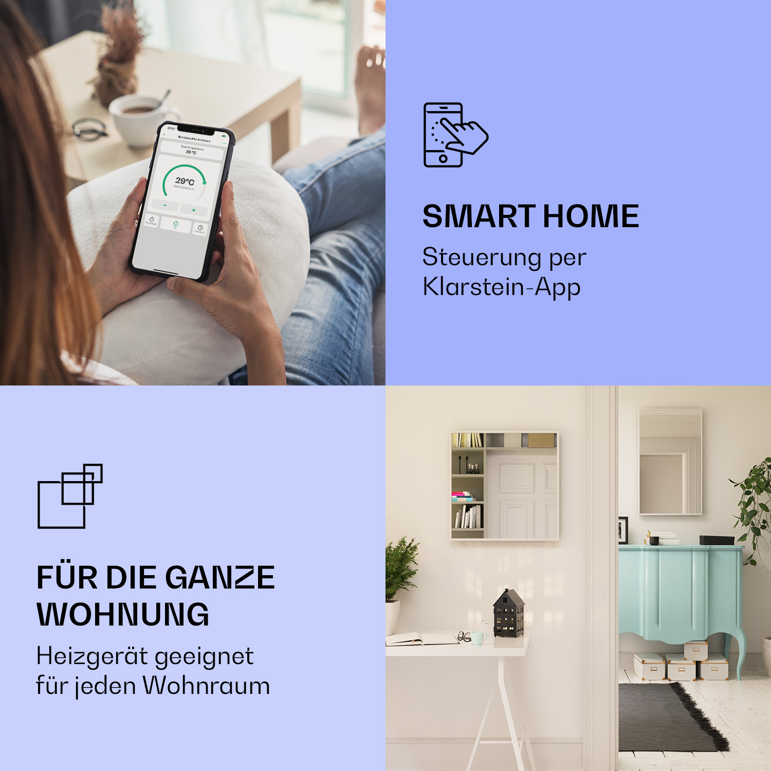 Frau mit Handy, App-Bildschirm, Smart Home Grafik, Raumbilder.