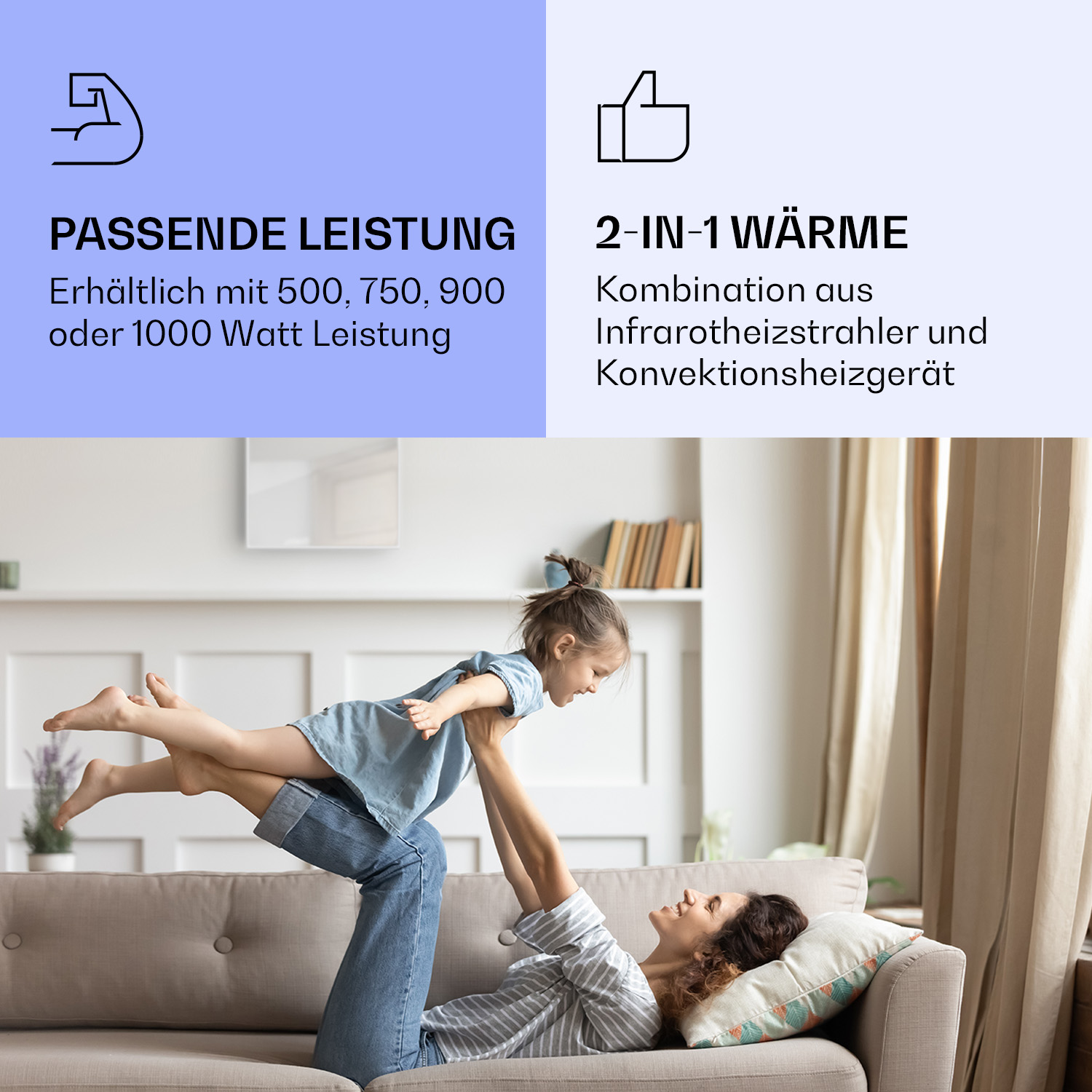 Eine Frau hebt ein Kind auf einem Sofa hoch, mit Text über Heizung.