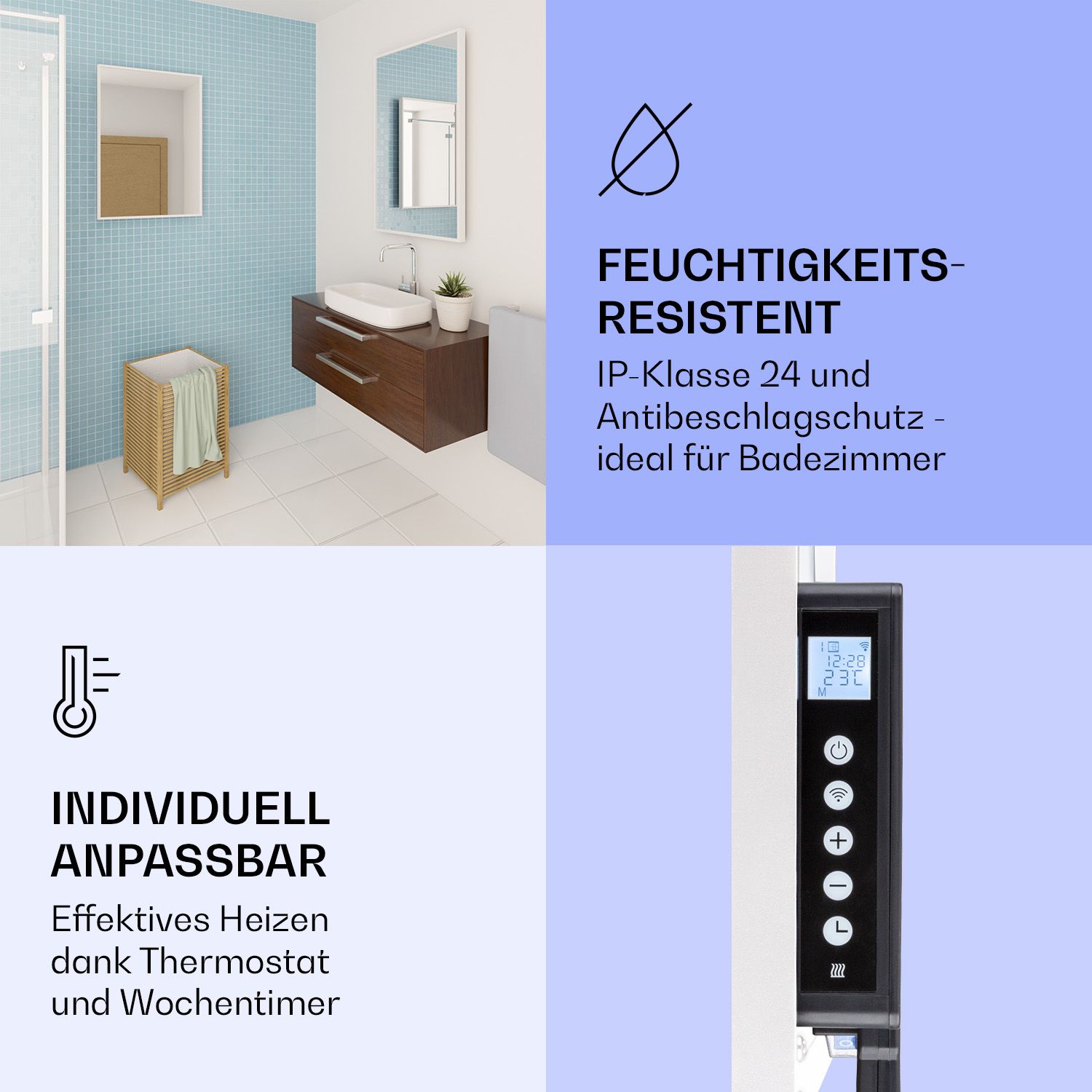 Modernes Badezimmer mit blauer Kachelwand, Spiegel und digitalem Bedienfeld.