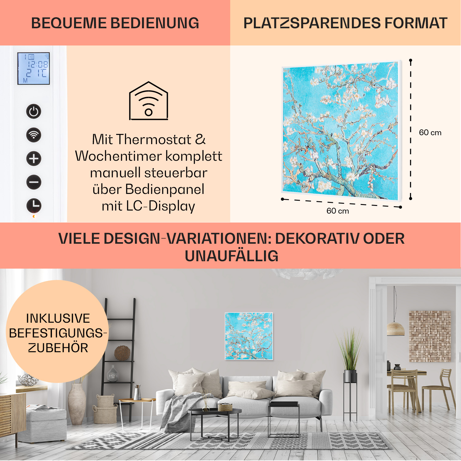 Eine weiße Wand mit einem Gemälde und Text über Thermostat und Wohnkultur, mit Zubehör.