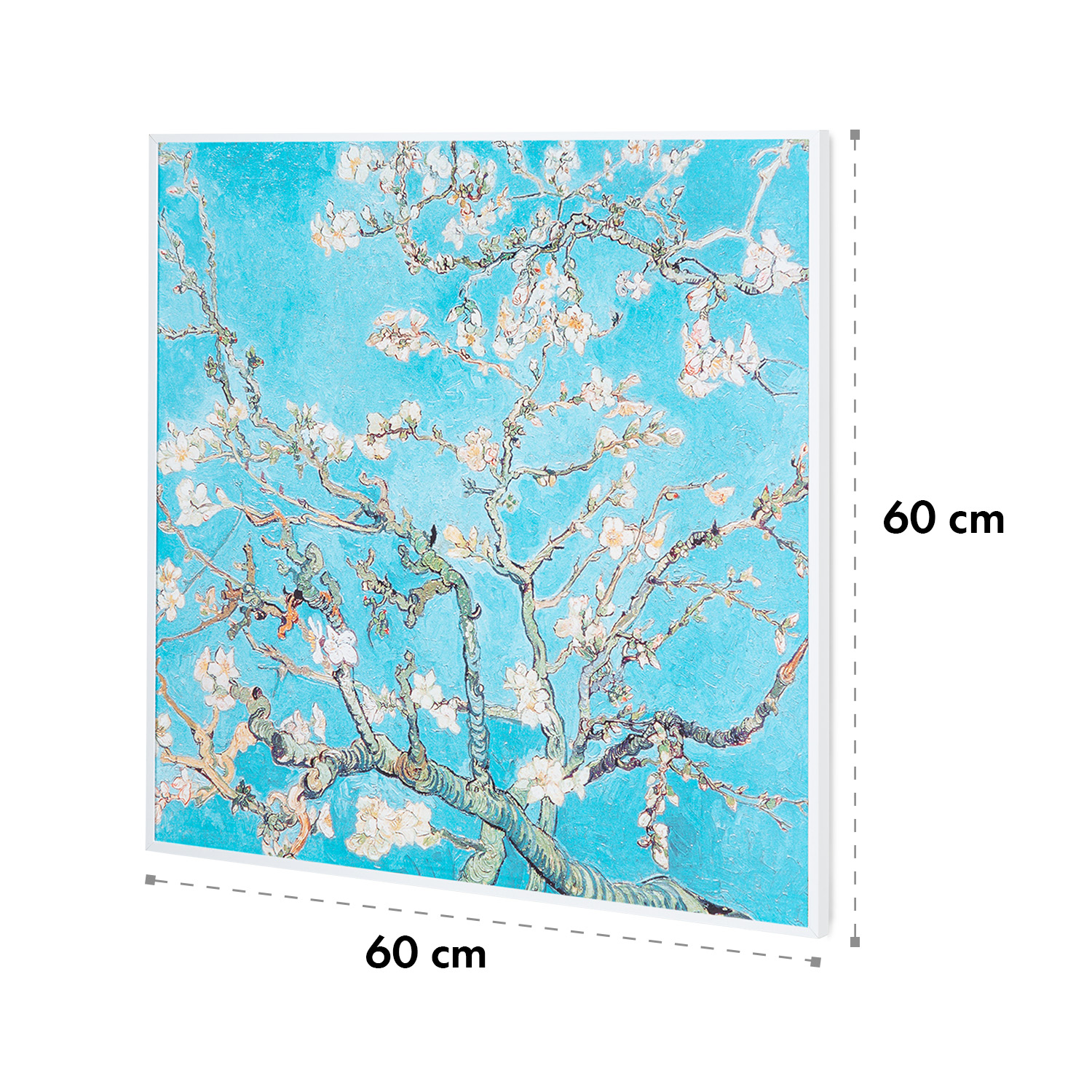 Ein Gemälde eines blühenden Baumes mit blauem Himmel in einem weißen Rahmen. Die Maße sind 60x60 cm.
