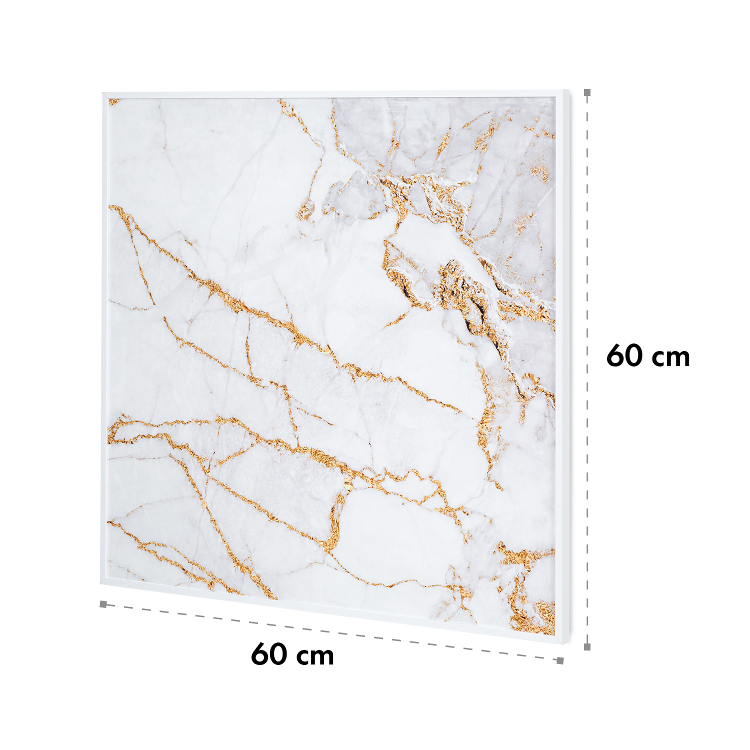 Una stampa artistica incorniciata con effetto marmo bianco e venature dorate, su sfondo bianco, dimensioni indicate.