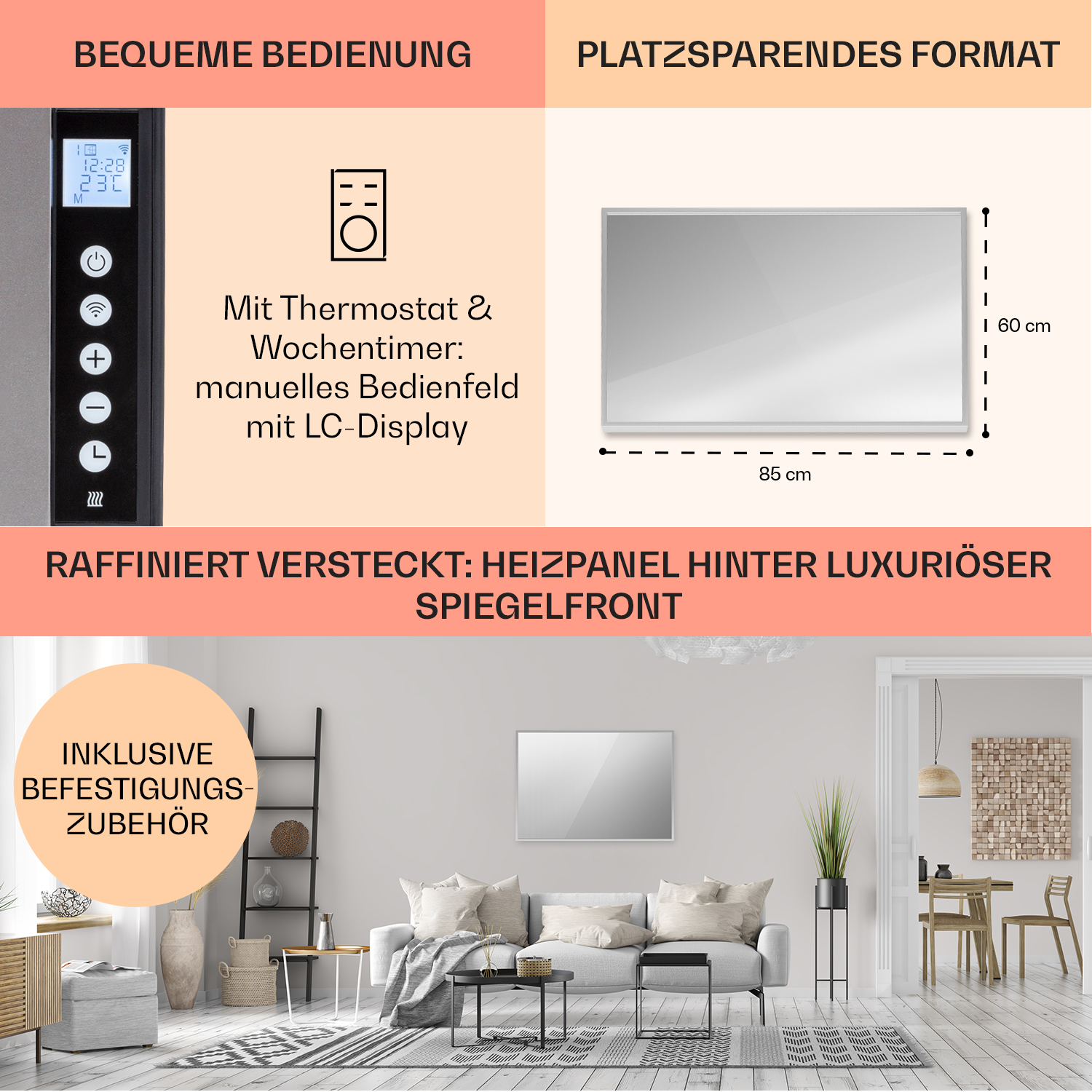 Beheiztes Spiegelpaneel mit Bedienfeld und Text, Innenraum.