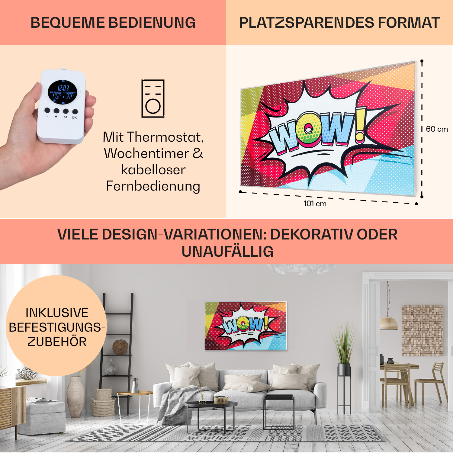 Thermostat, Wandkunst und eine Raumeinstellung mit Sofa.