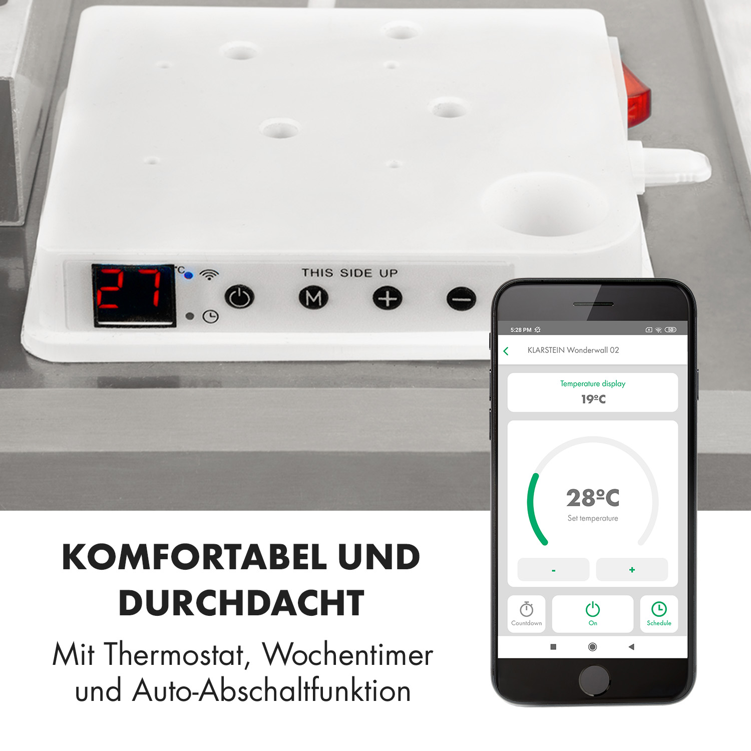 Ein weißes Gerät mit Digitalanzeige und Smartphone, das eine App-Oberfläche anzeigt.
