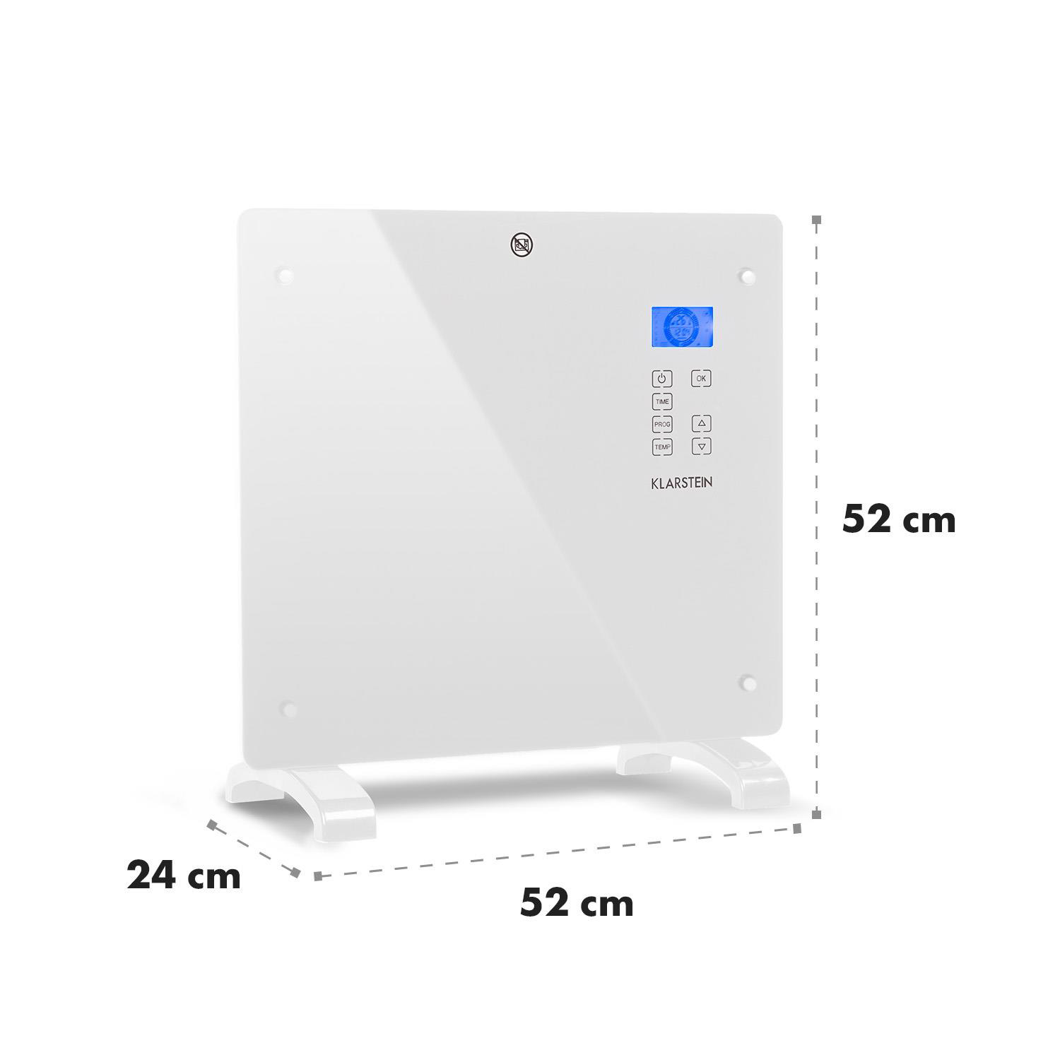 Un calefactor eléctrico blanco con control digital y dimensiones.