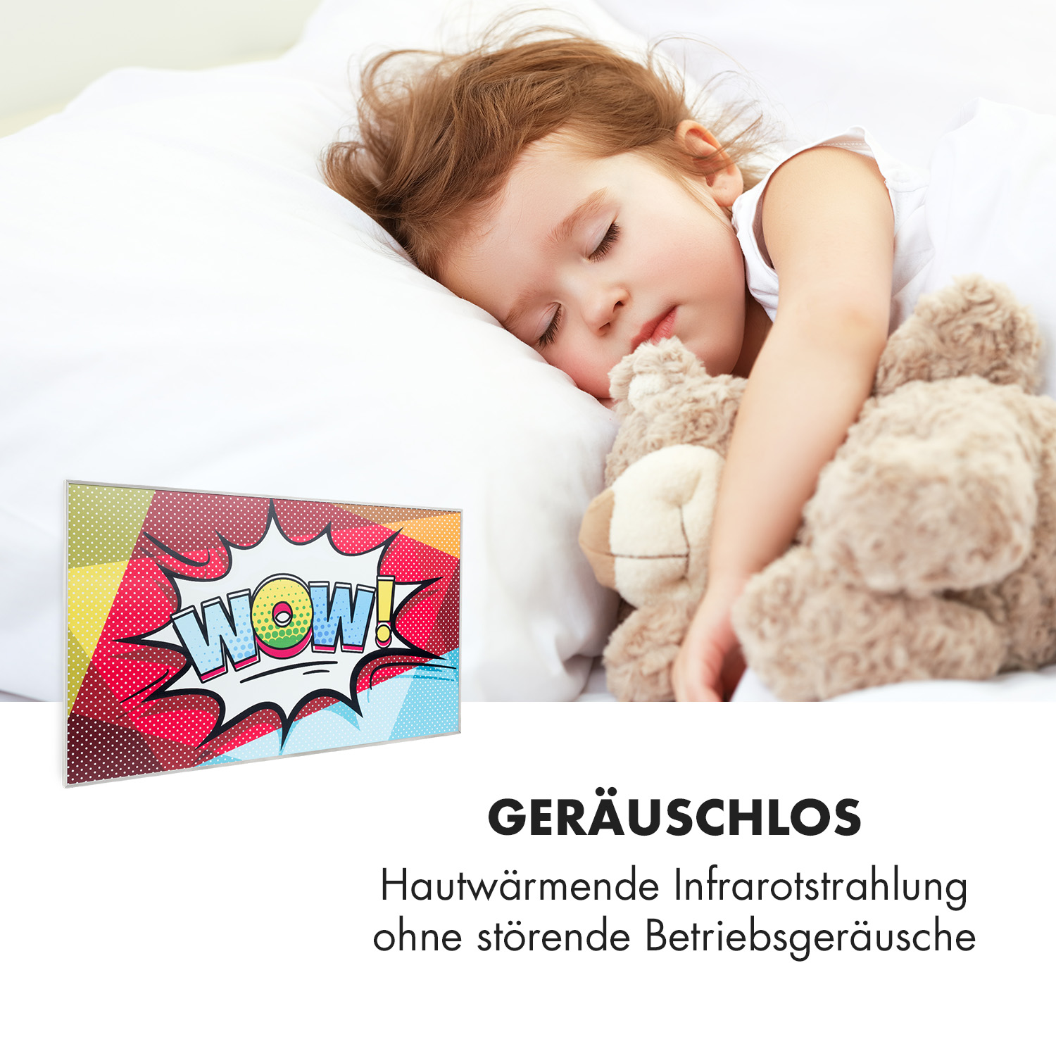Kind schläft mit Teddybär. Ein Comic "WOW!" Schild ist sichtbar. Der Hintergrund ist weiß.