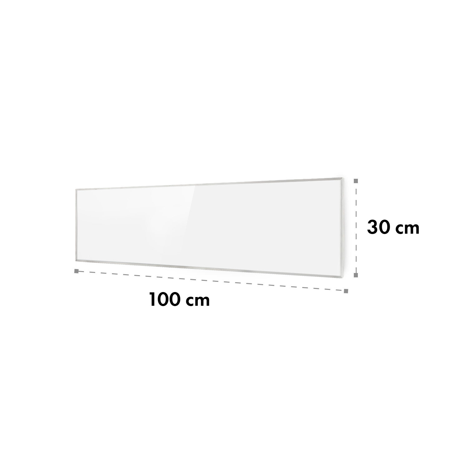 Pannello bianco, lungo 100 cm, alto 30 cm, su sfondo bianco.
