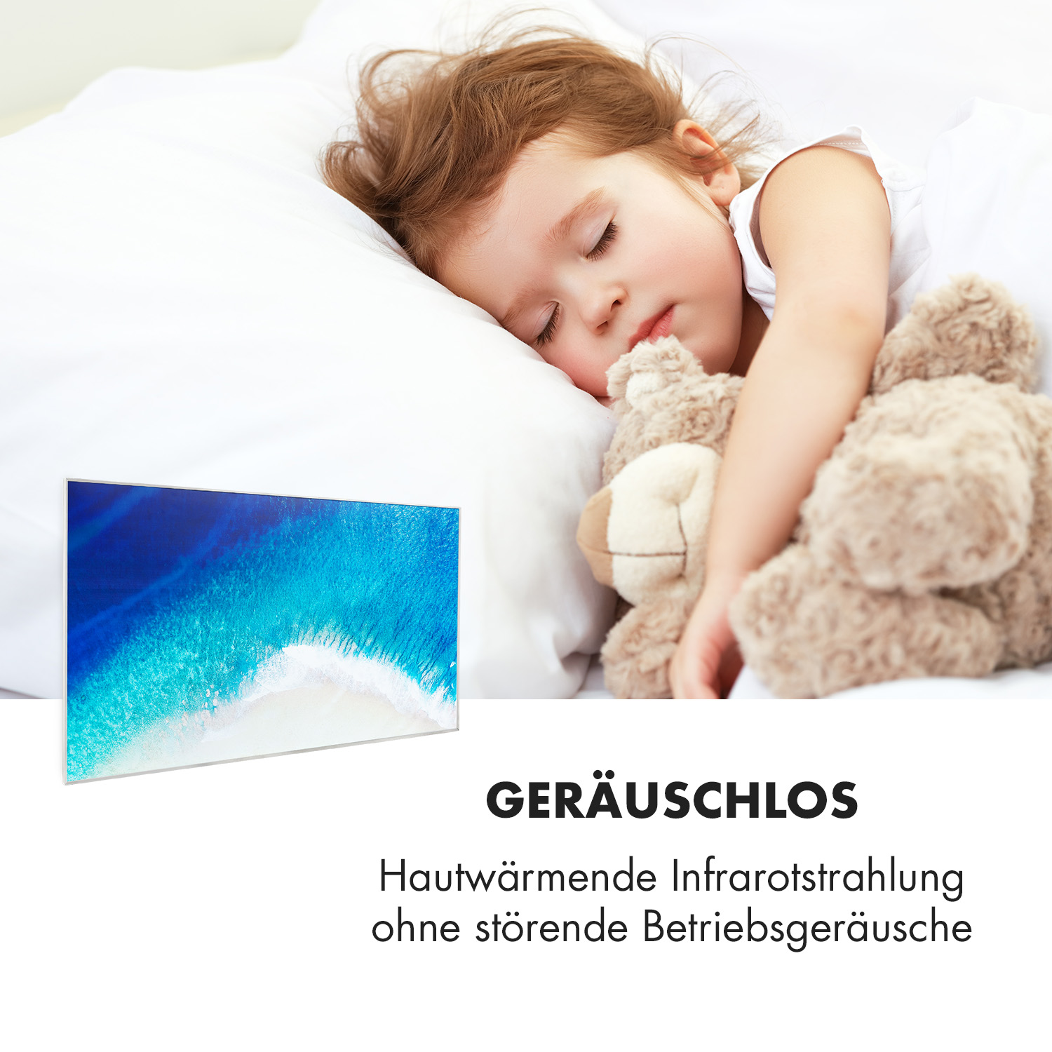 Bambino che dorme con un orsacchiotto. Un pannello riscaldante in basso a sinistra. Testo: GERÄUSCHLOS.