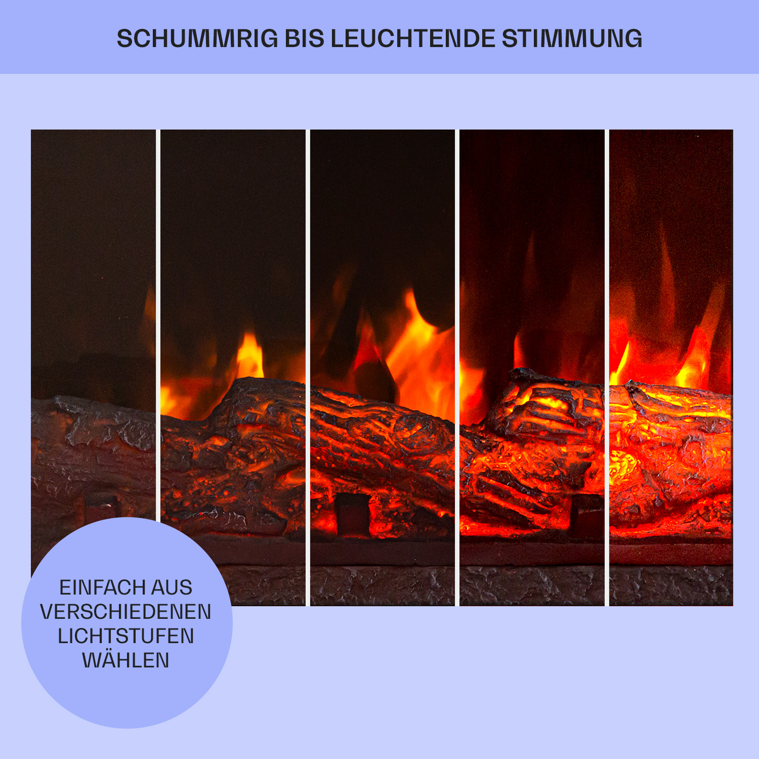 Eine Bildsequenz, die einen elektrischen Kamin mit verschiedenen Lichteinstellungen zeigt.