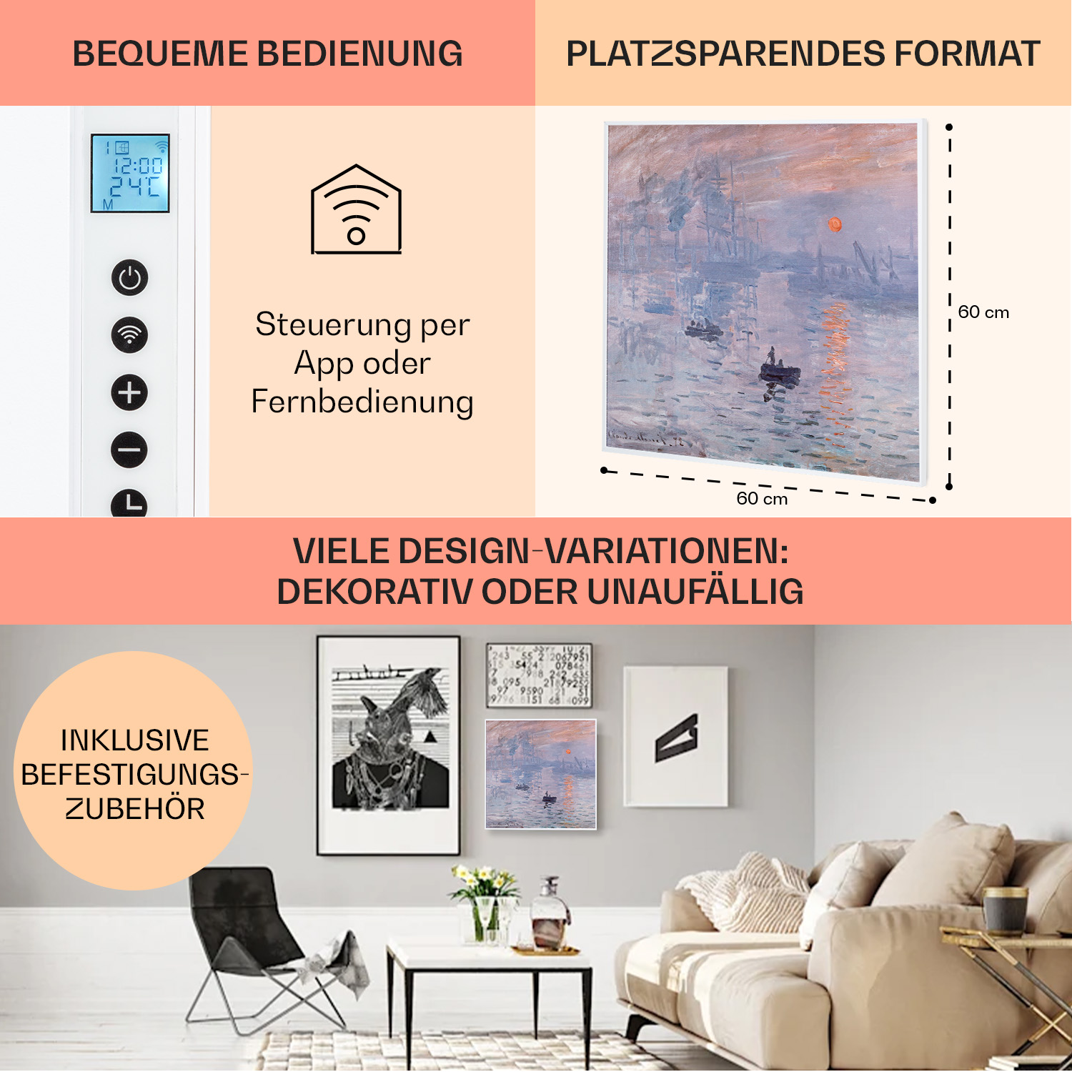 Ein Raum mit Gemälden, einem Bedienfeld und einer Couch. Ein Fernseher ist an der Wand.